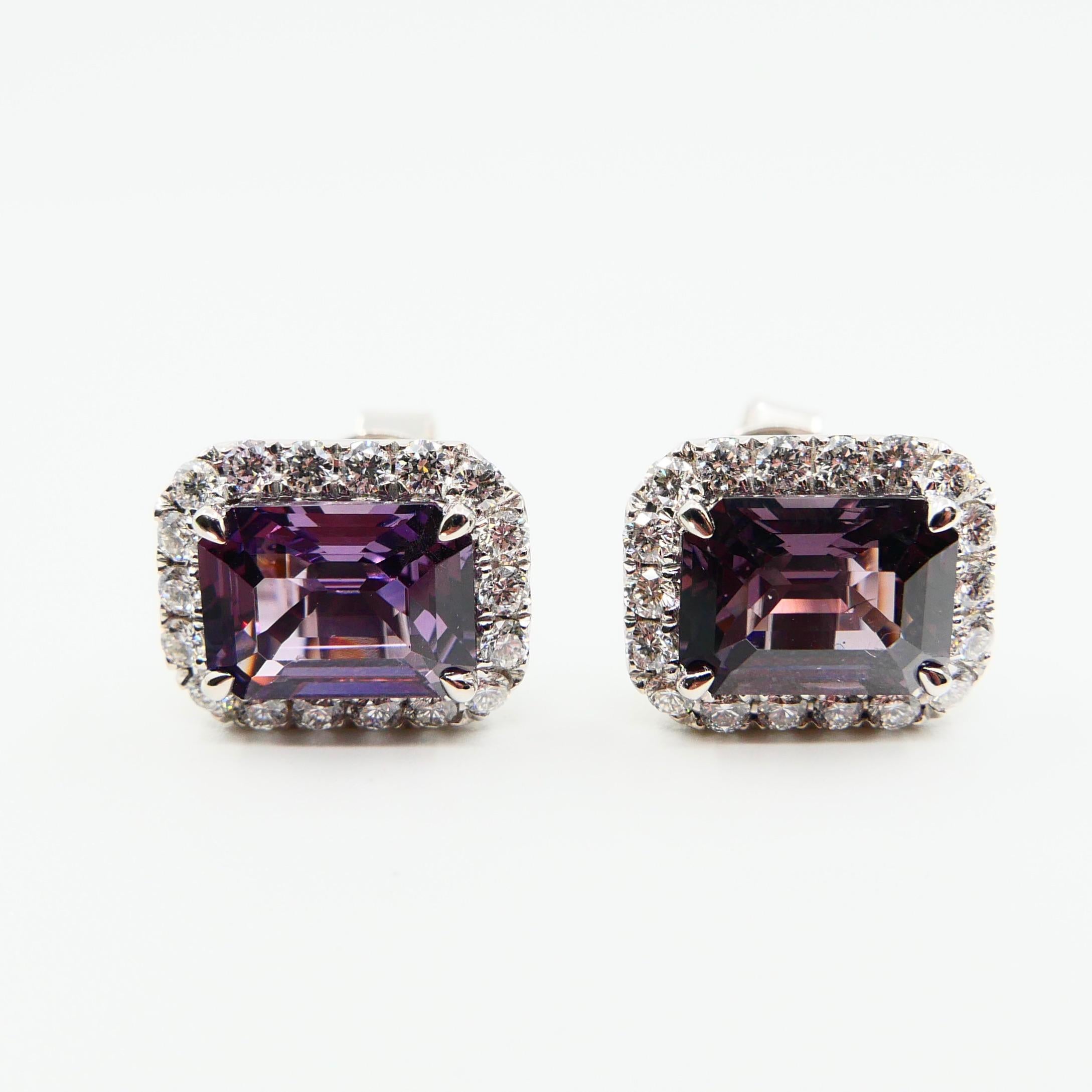 Natural Purple Step Cut Spinels 9mm x 6.8mm & Natural Diamond Earrings. XL Size For Sale 1