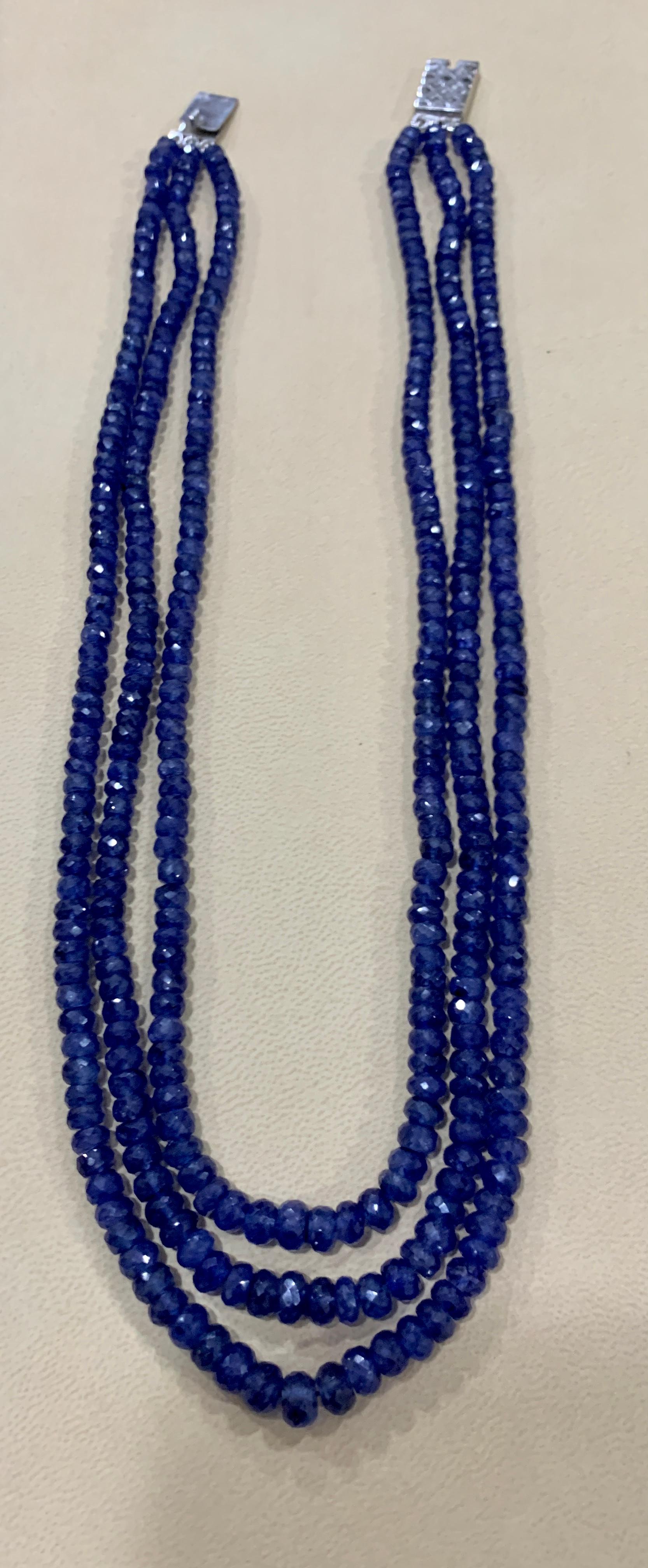 Natural  approximately  475  Ct Natural Tanzanite Bead triple Strand Necklace 14 Karat  white Gold clasp
All natural beads , no color enhancement
19