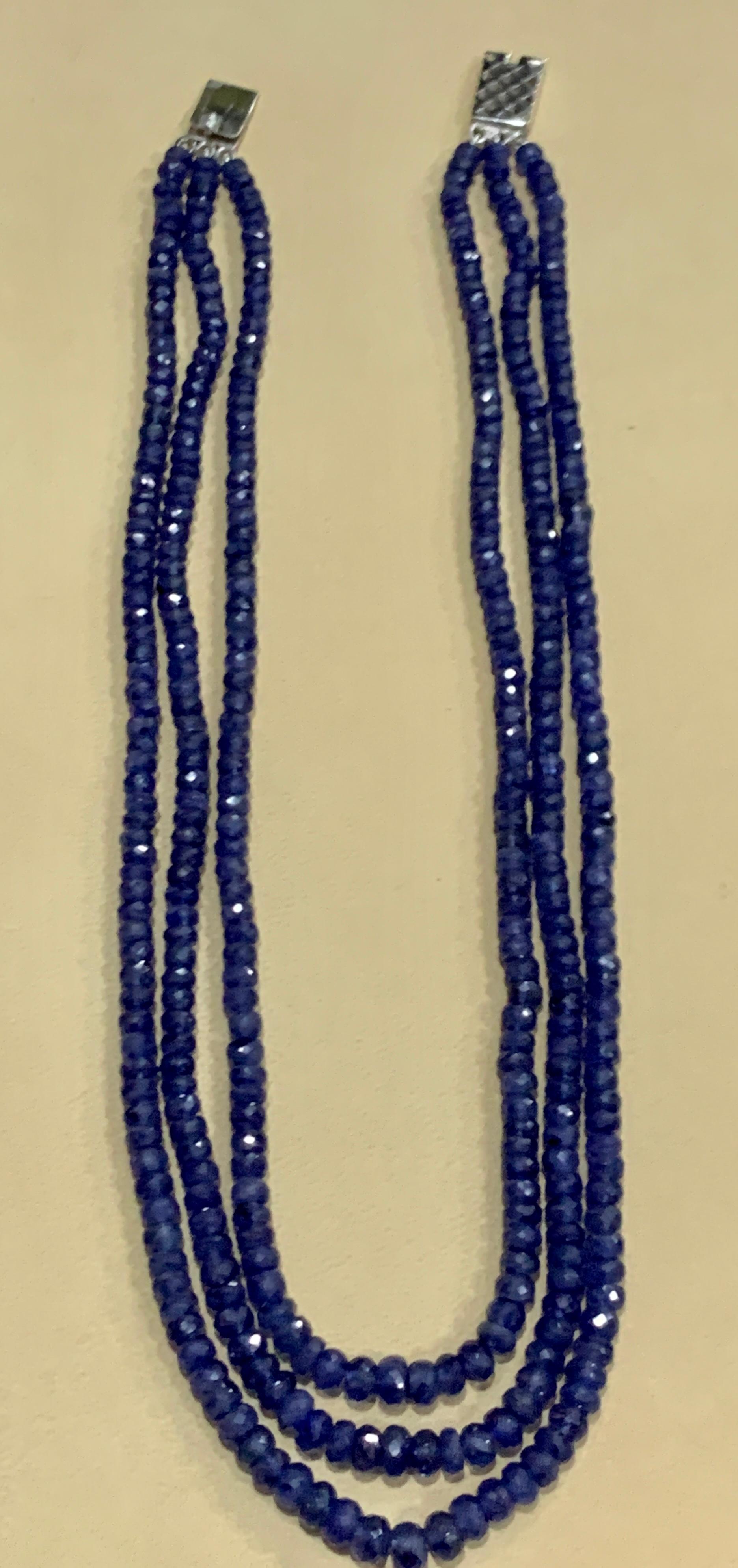 Women's Natural 475 Carat Natural Tanzanite Bead Three-Strand Necklace 14 Karat Gold