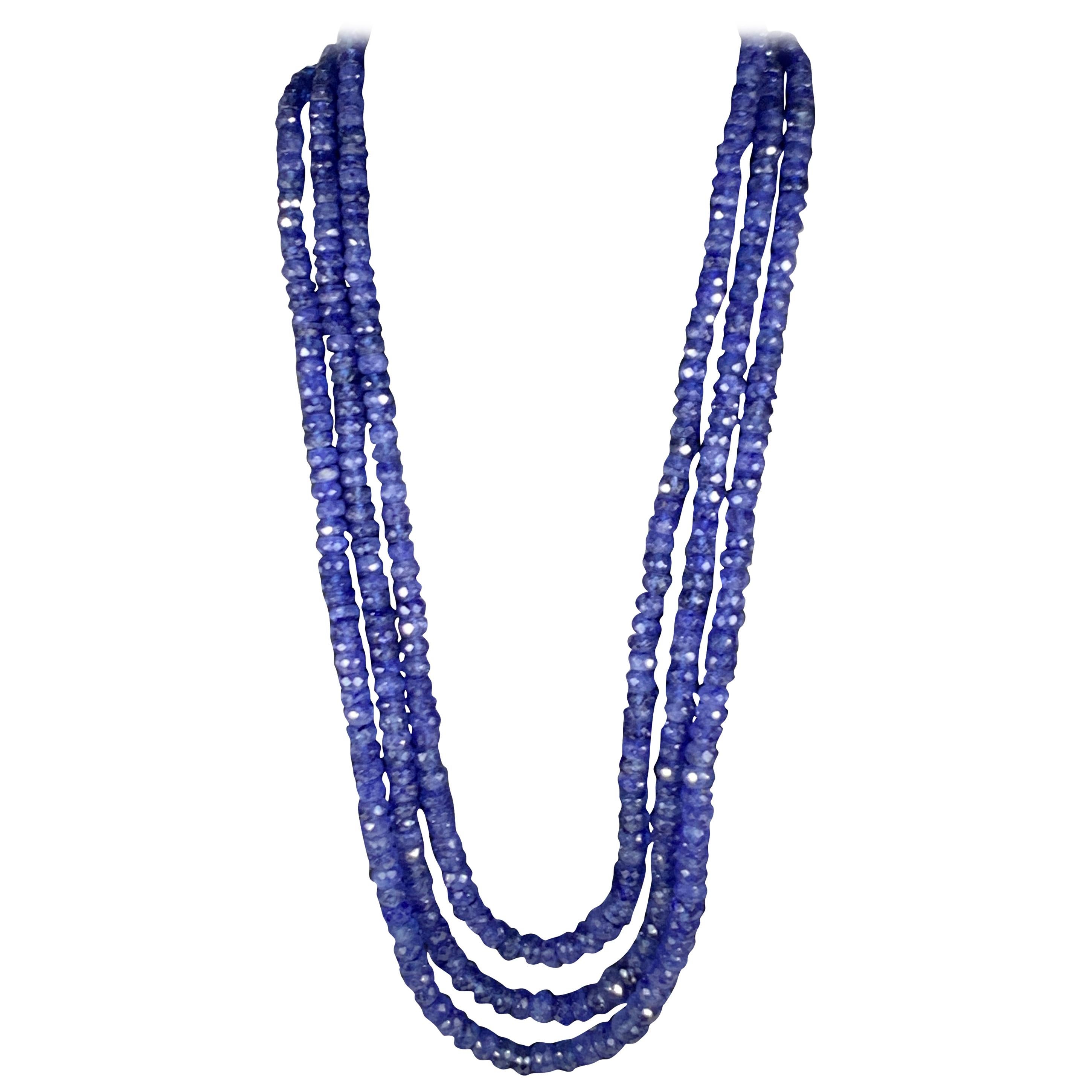 Natural 475 Carat Natural Tanzanite Bead Three-Strand Necklace 14 Karat Gold