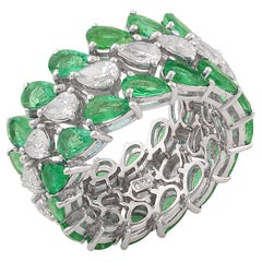 Natural 4.80 Carat Pear Zambian Emerald Band Ring 2.10 Ct Diamond 18k White Gold