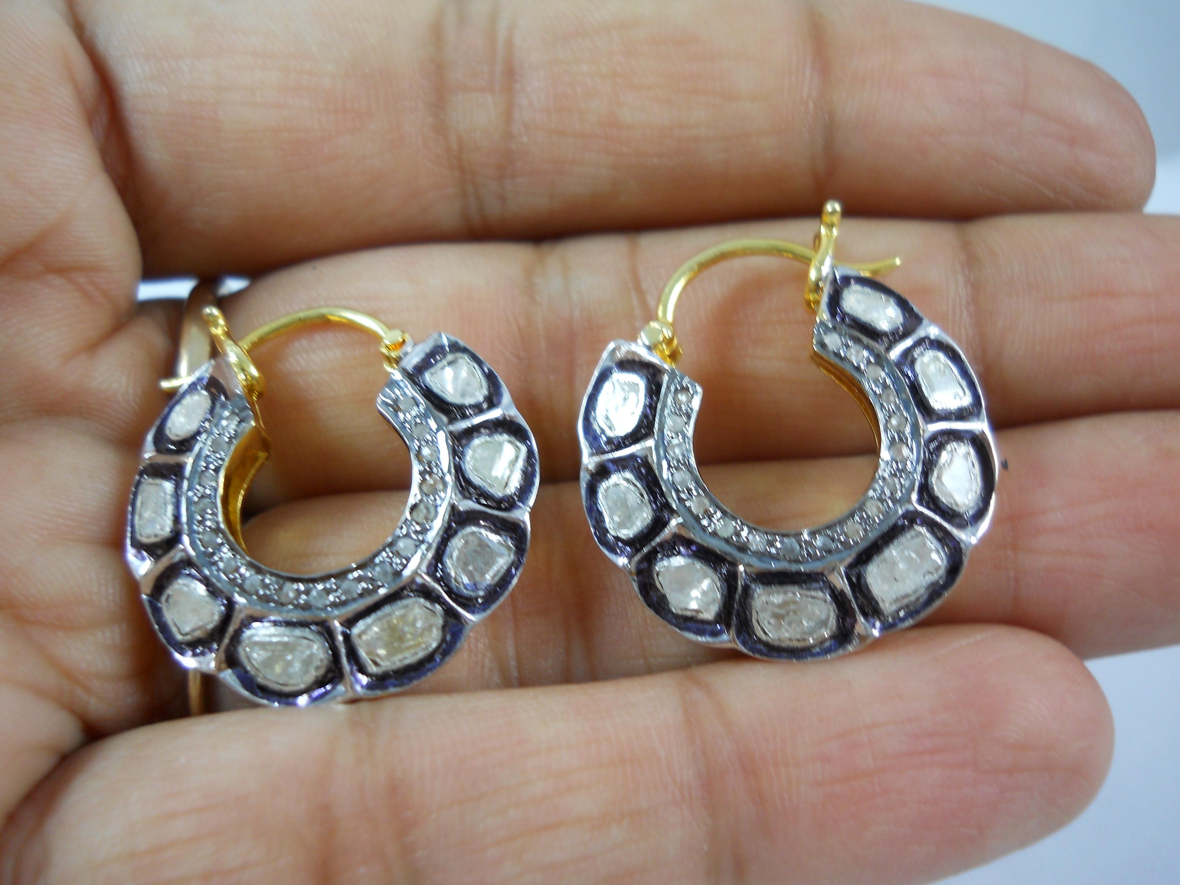Rose Cut Natural 4.80ct uncut rose cut diamonds sterling silver hoops earrings  For Sale