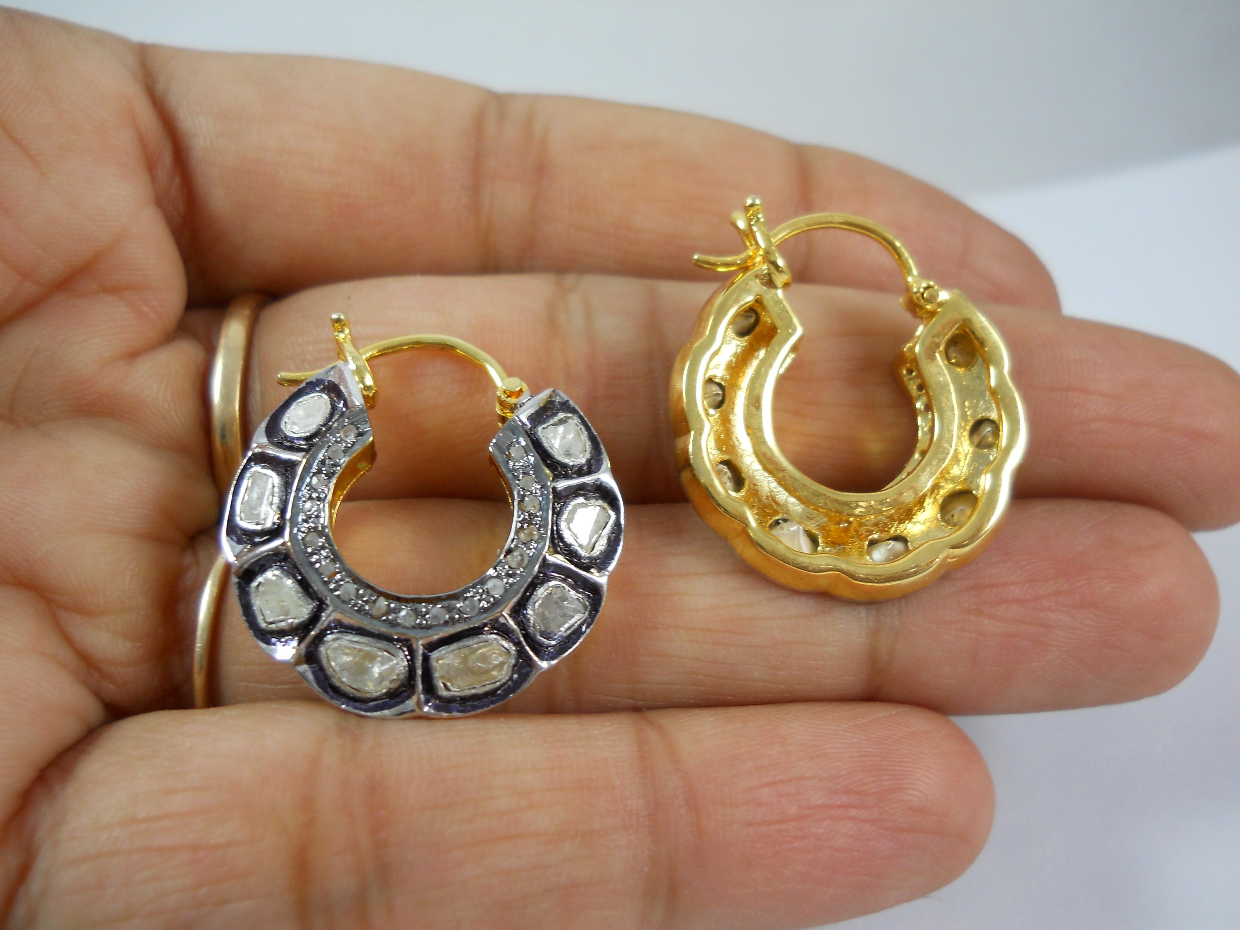 Women's or Men's Natural 4.80ct uncut rose cut diamonds sterling silver hoops earrings  For Sale
