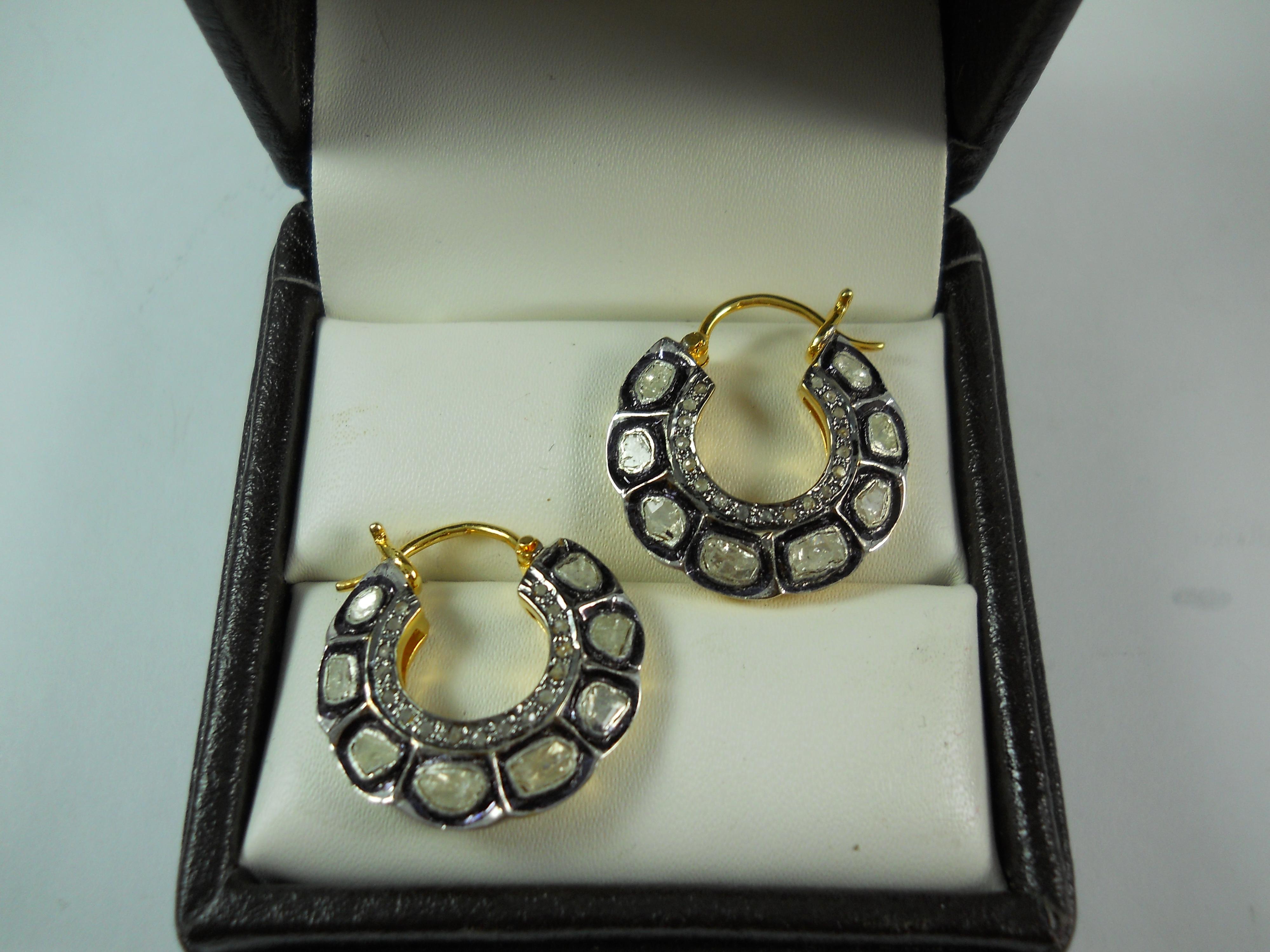 Natural 4.80ct uncut rose cut diamonds sterling silver hoops earrings  For Sale 1