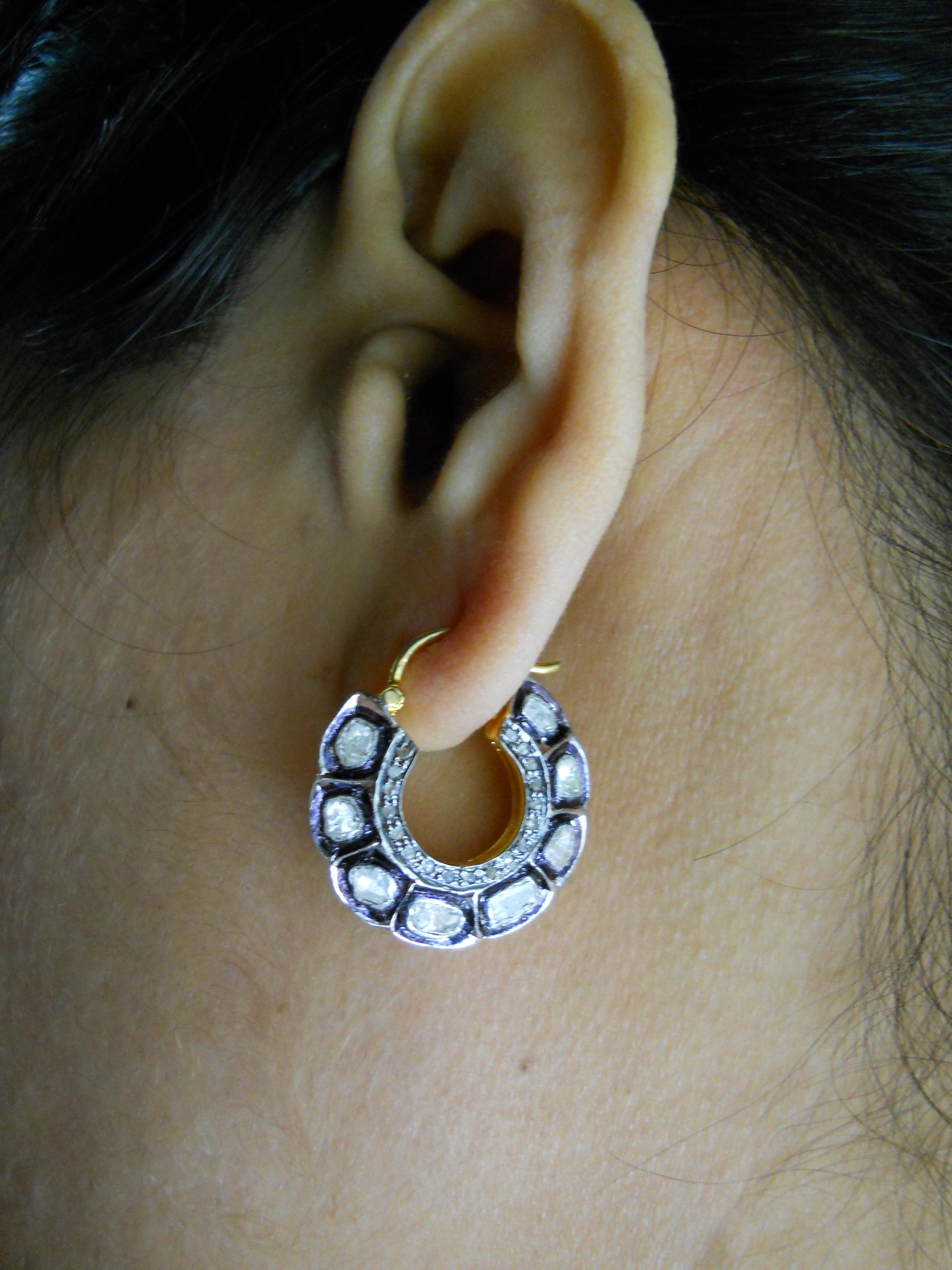 Natural 4.80ct uncut rose cut diamonds sterling silver hoops earrings  For Sale 2