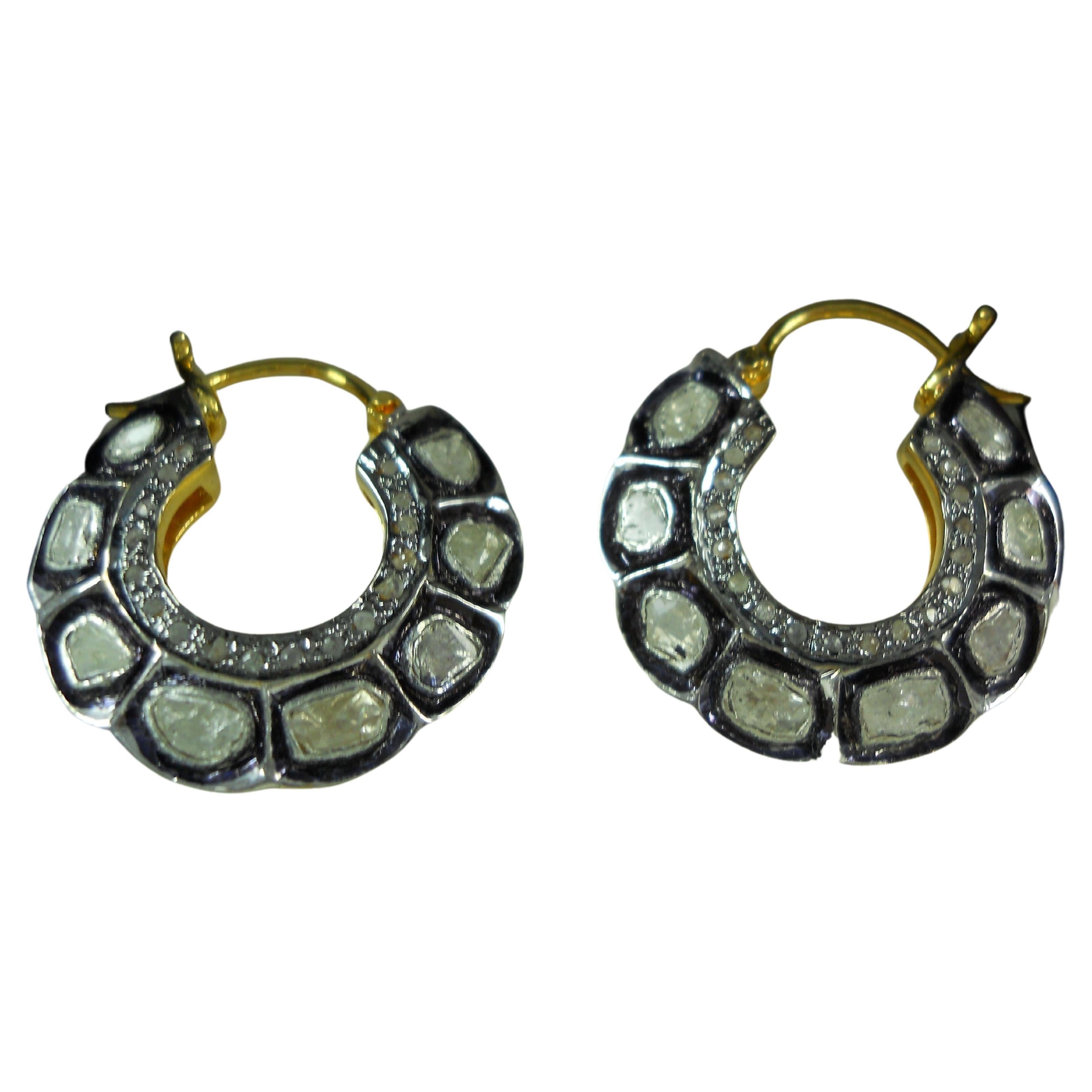 Natural 4.80ct uncut rose cut diamonds sterling silver hoops earrings  For Sale