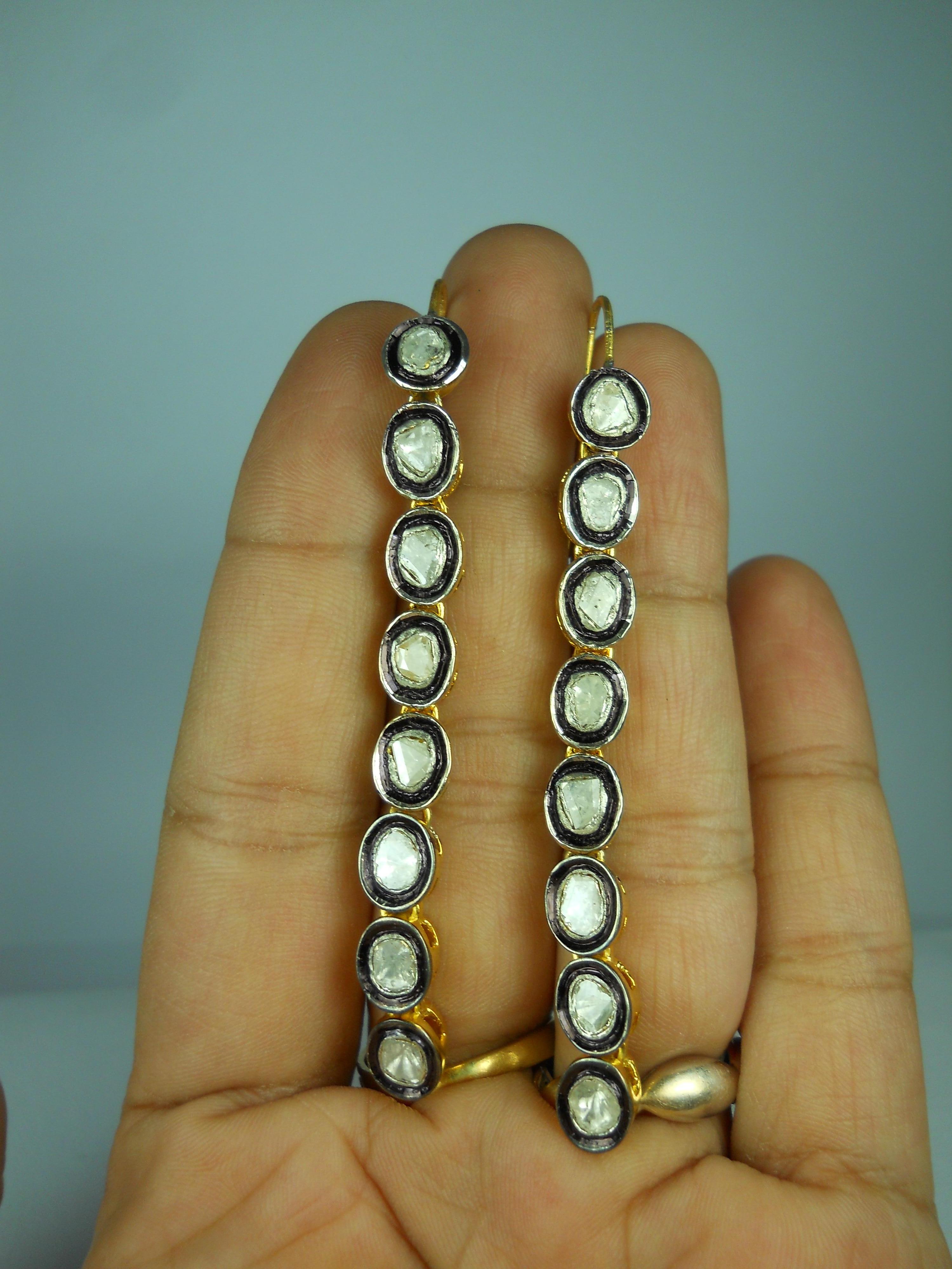 Women's or Men's Natural 4.85ct uncut rose cut diamonds sterling silver dangle earrings  For Sale
