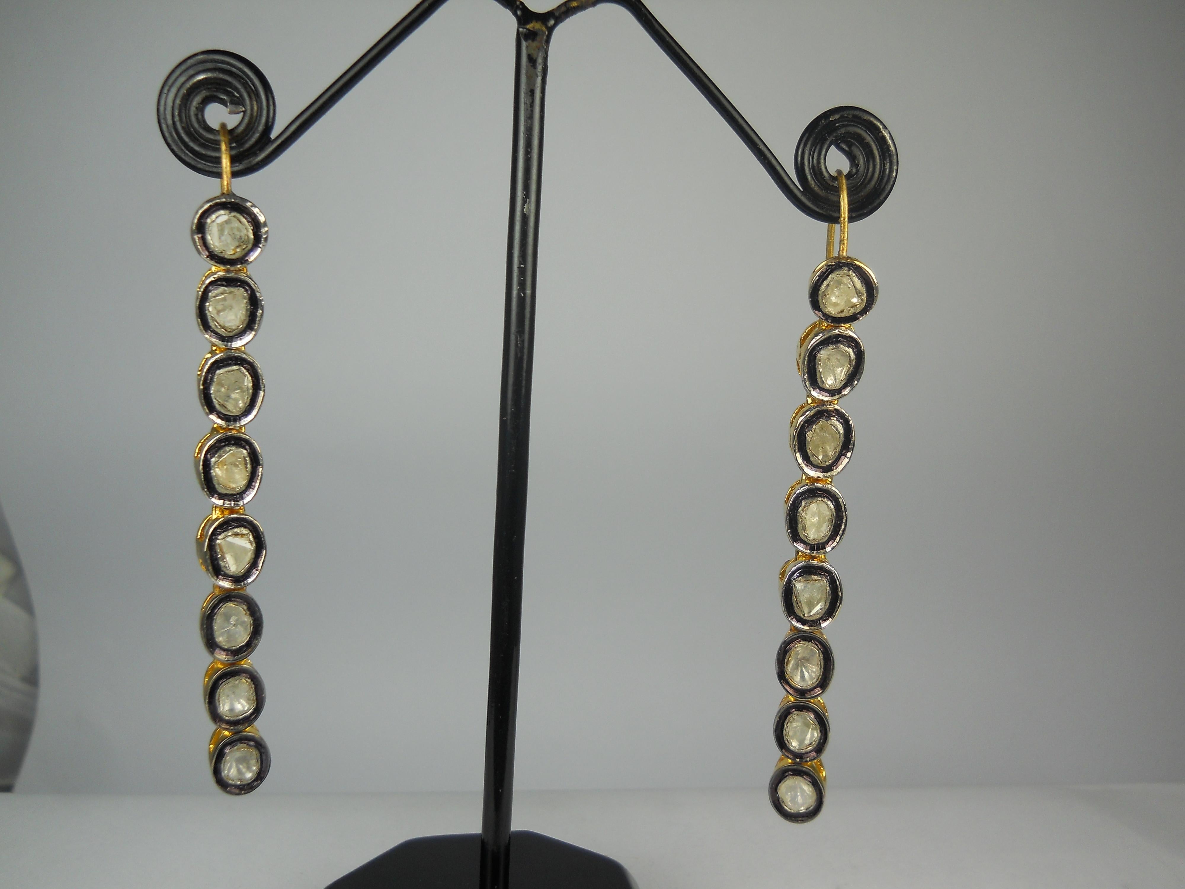 Natural 4.85ct uncut rose cut diamonds sterling silver dangle earrings  For Sale 2