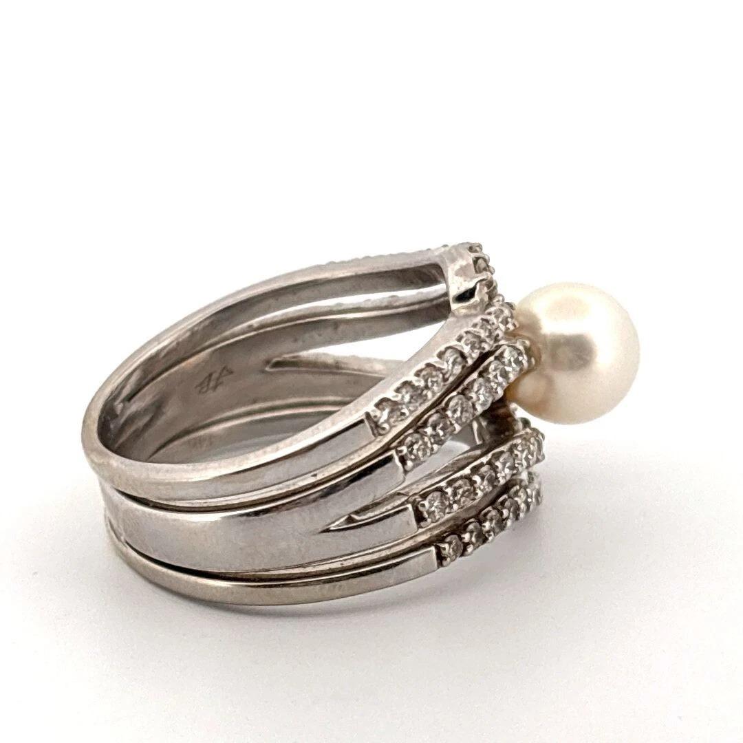 Natural 48ctw 7.25mm Diamond Cultured Pearl Wide 14K White Gold Ring Size 8.5 In Excellent Condition For Sale In Carmel By The Sea, CA