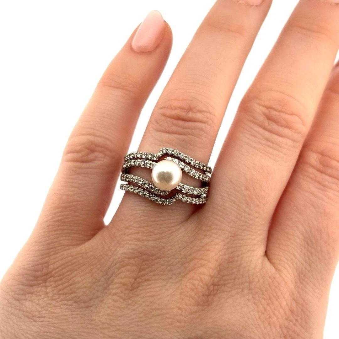 Natural 48ctw 7.25mm Diamond Cultured Pearl Wide 14K White Gold Ring Size 8.5 For Sale 1