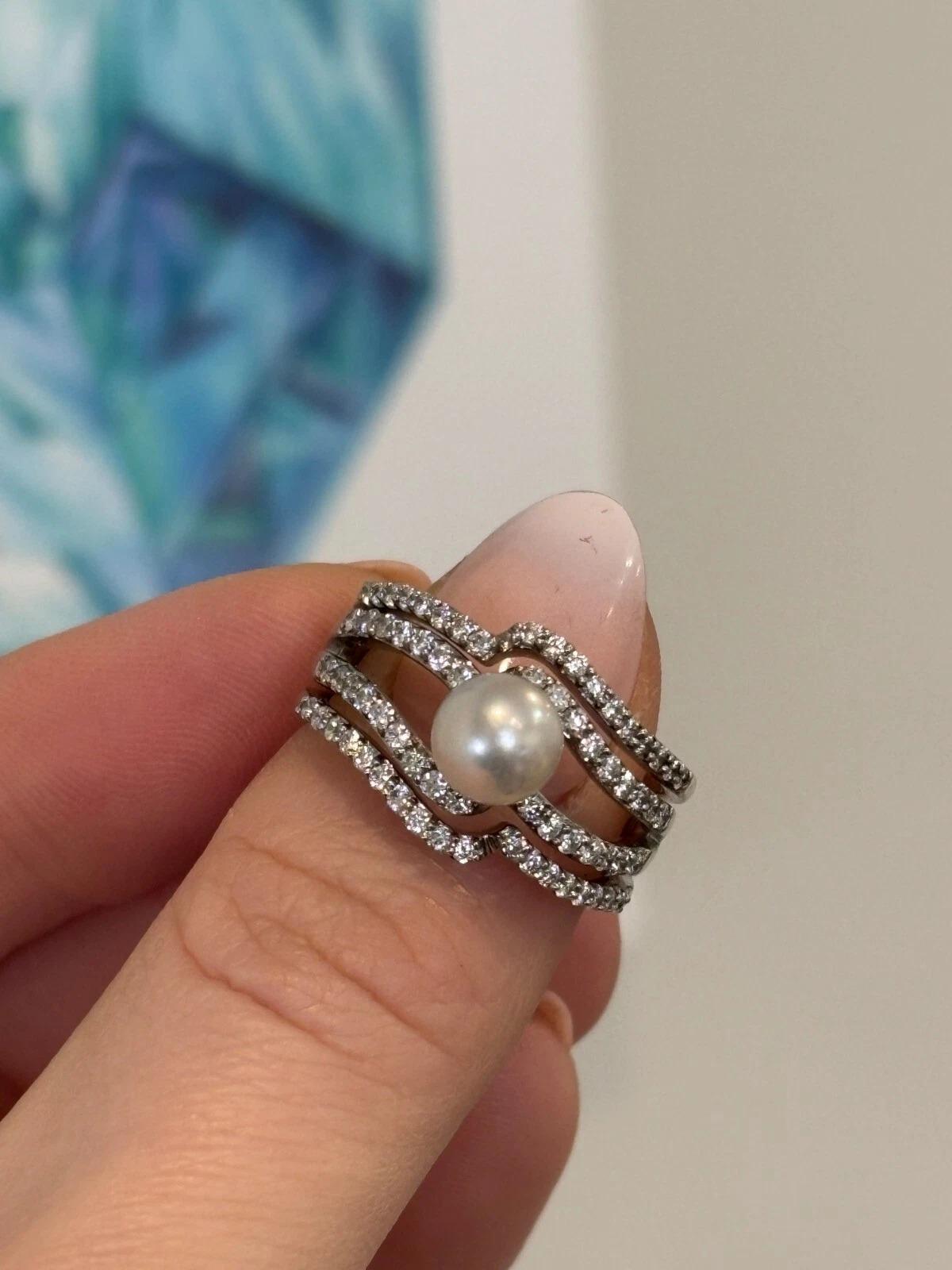 Natural 48ctw 7.25mm Diamond Cultured Pearl Wide 14K White Gold Ring Size 8.5 For Sale 2