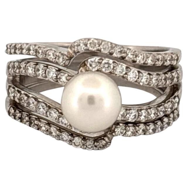 Natural 48ctw 7.25mm Diamond Cultured Pearl Wide 14K White Gold Ring Size 8.5 For Sale