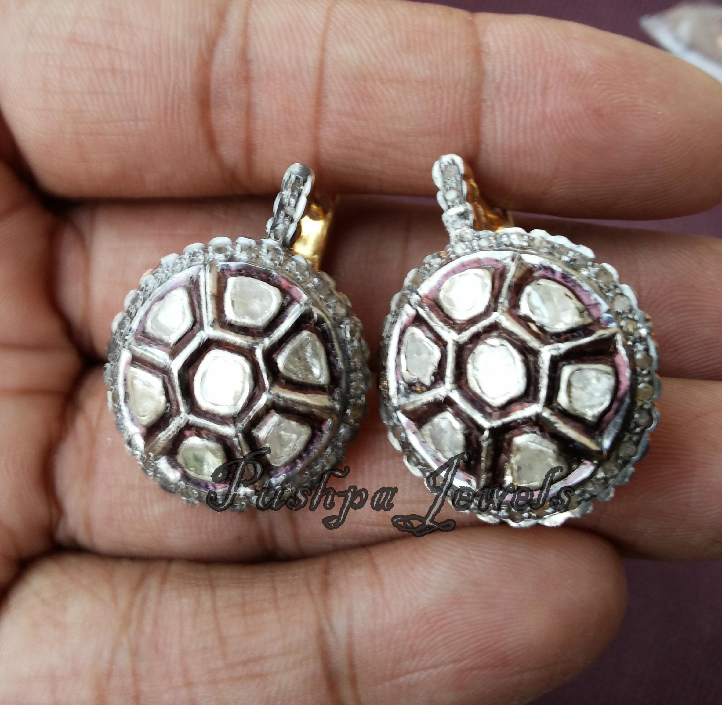 Natural 4.95ct uncut rose cut diamonds sterling silver lever back earrings For Sale 1