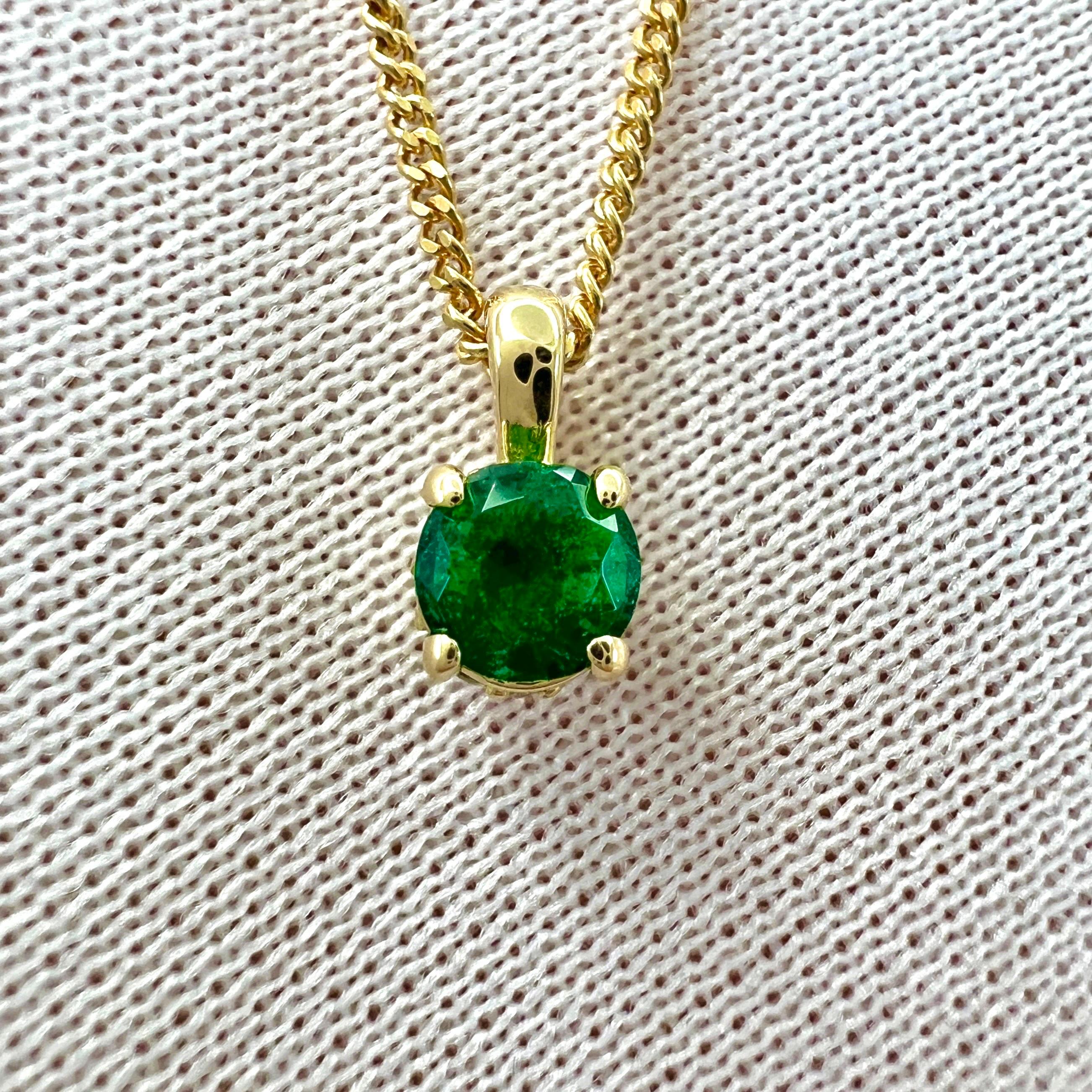 Natural 4mm Vivid Green Round Cut Emerald Diamond 18k Gold Hidden Halo Pendant For Sale 2