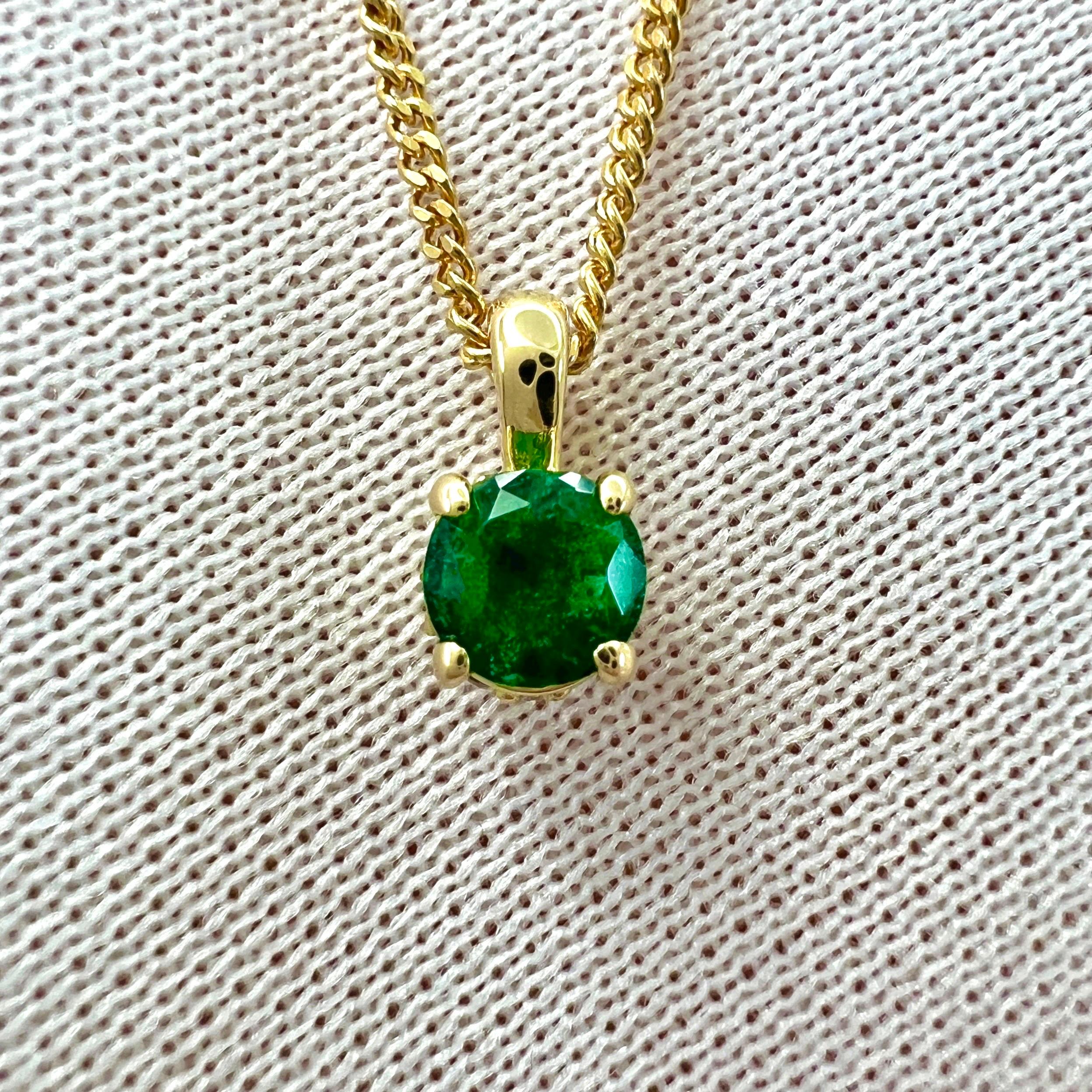 Natural 4mm Vivid Green Round Cut Emerald Diamond 18k Gold Hidden Halo Pendant For Sale 3