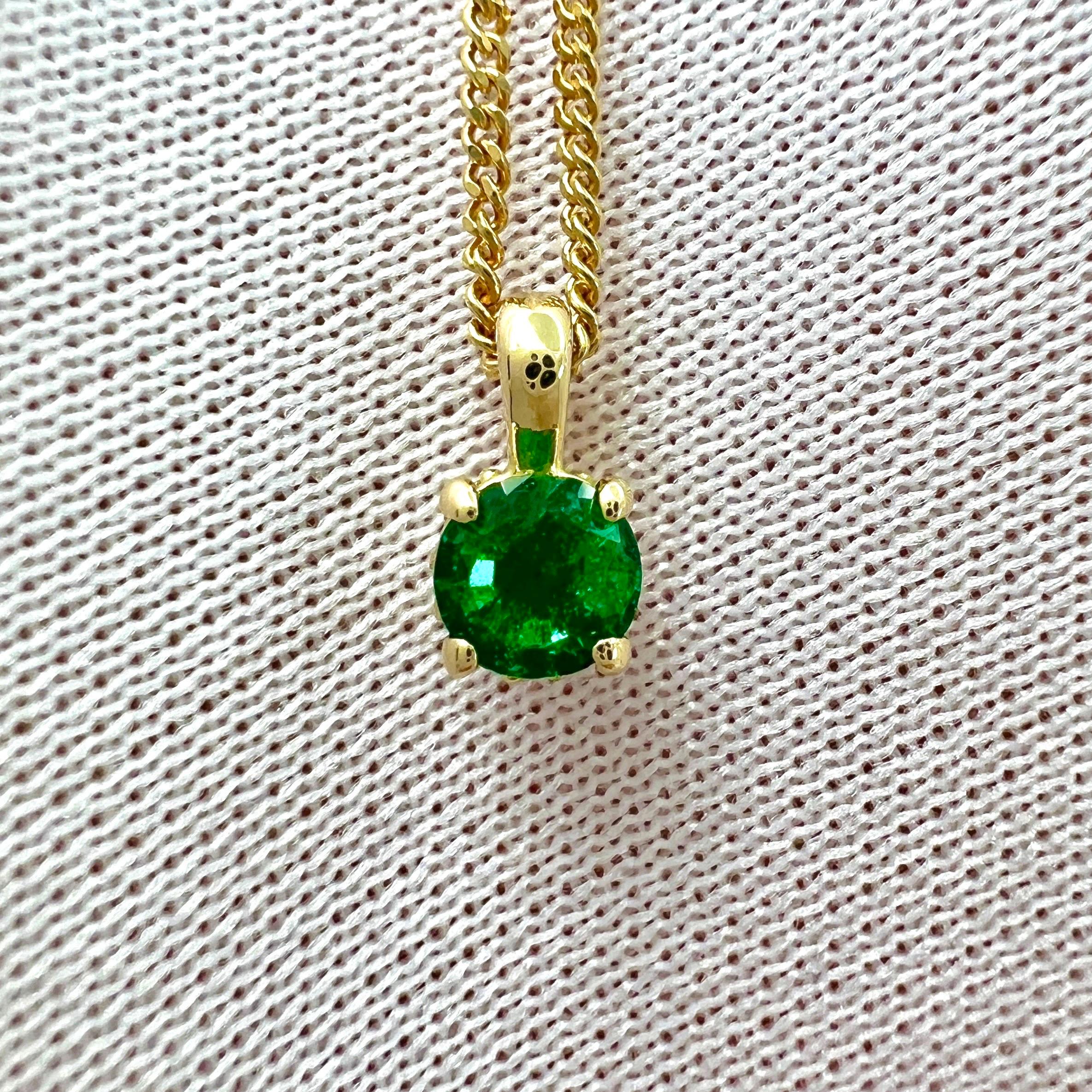 Natural 4mm Vivid Green Round Cut Emerald Diamond 18k Gold Hidden Halo Pendant For Sale 4