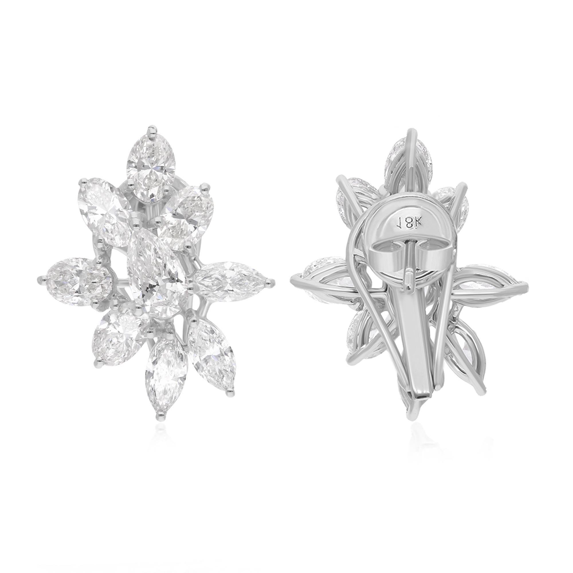 Each earring showcases a stunning marquise oval diamond, meticulously selected for its exceptional quality and brilliance. With a total carat weight of 5 carats, these diamonds radiate unparalleled sparkle and luminosity, capturing the light with