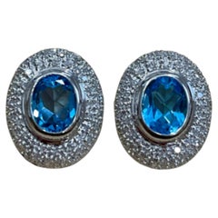 14k Gold 5ct Oval Blue Topaz & Diamond Halo Earrings, Designer Made