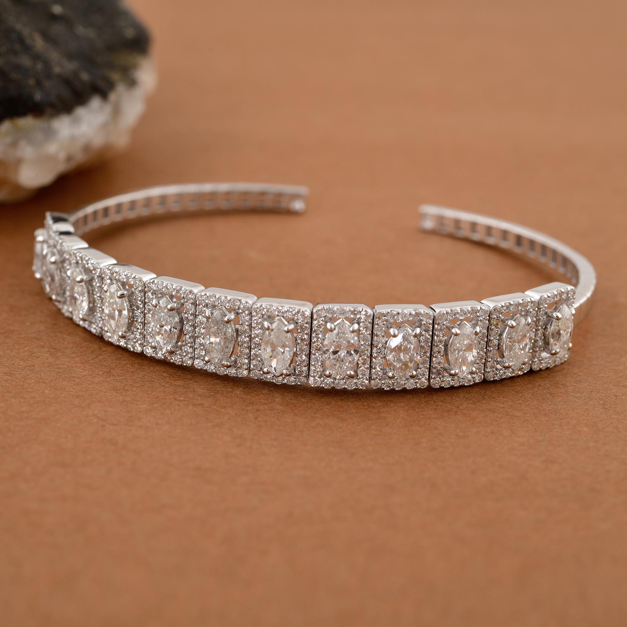 Modern Natural 5 Carat SI/H Marquise Diamond 18 Karat White Gold Cuff Bangle Bracelet For Sale