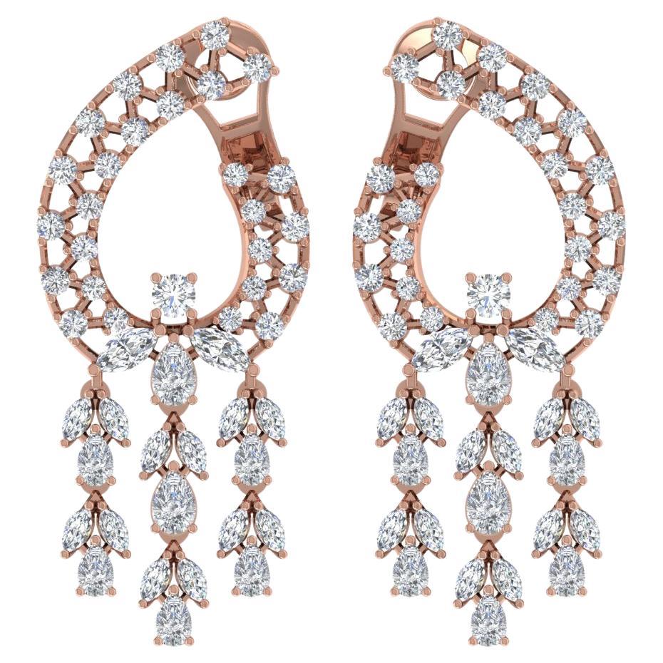 Natural 5 Carat SI/H Marquise Round Diamond Chandelier Earrings 14k Rose Gold