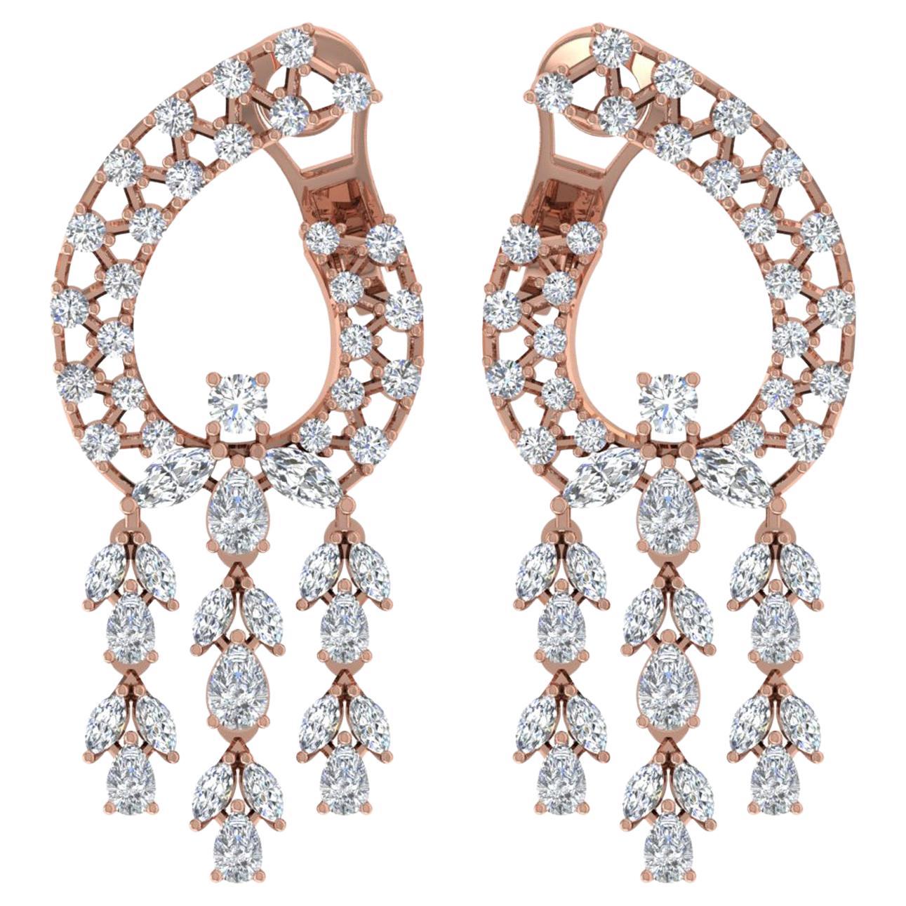 Pendientes de araña de diamantes redondos marquesa SI/H naturales de 5 quilates y oro rosa de 14k