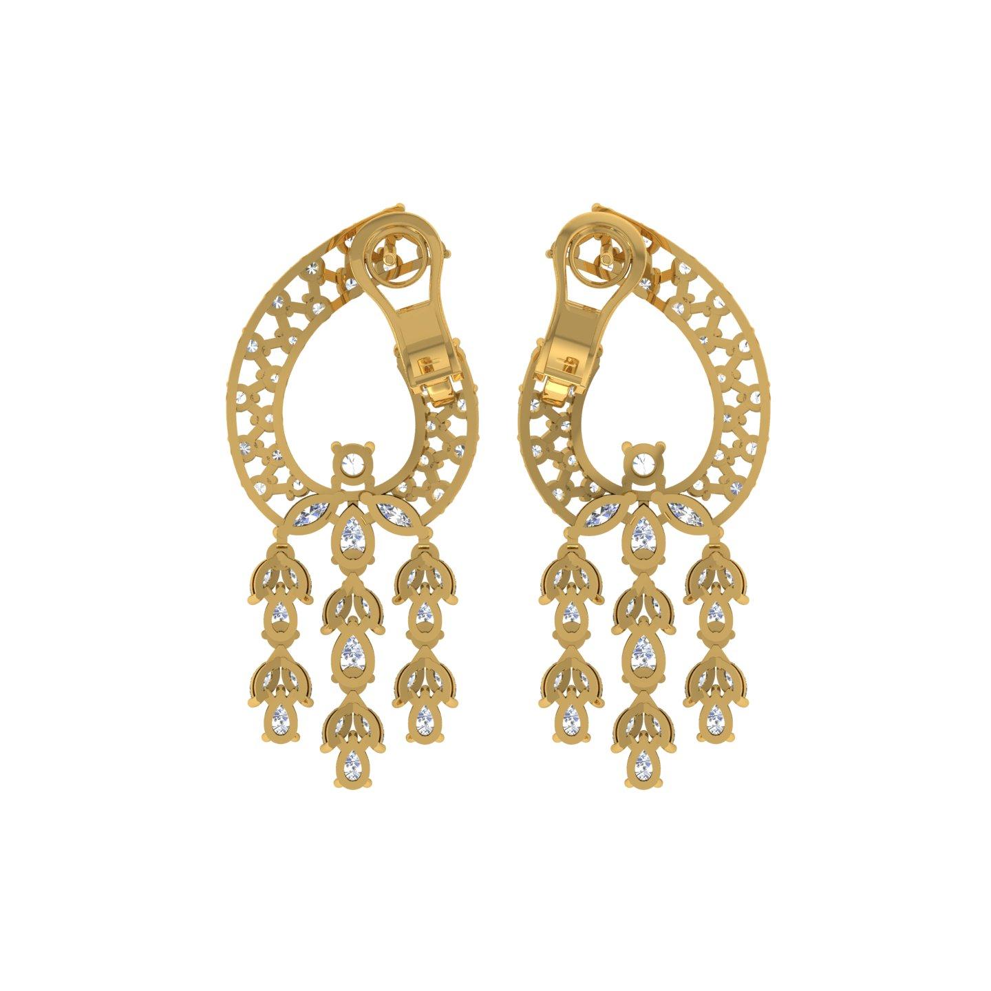 Moderne Boucles d'oreilles chandelier en or jaune 14 carats avec diamants ronds marquises de 5 carats SI/H en vente