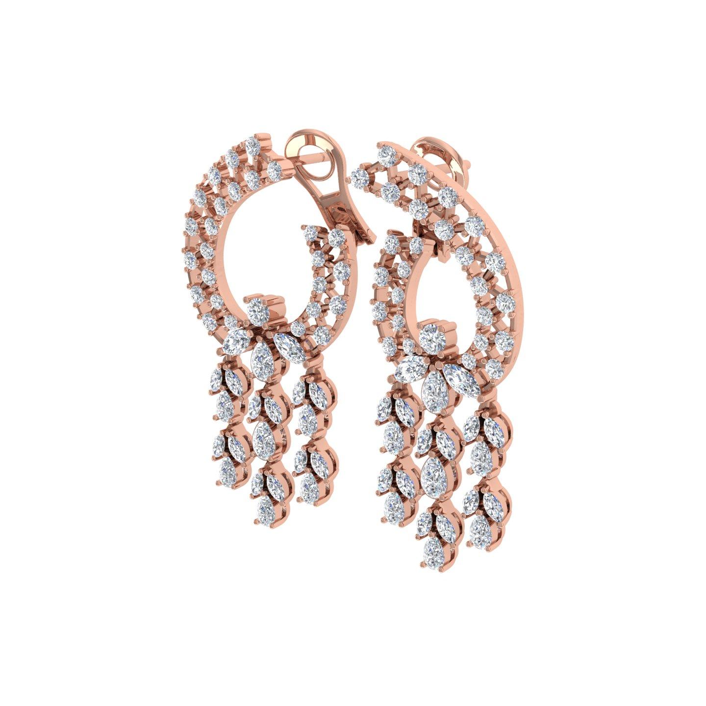 Moderne Boucles d'oreilles chandelier en or rose 18 carats avec diamants ronds marquises de 5 carats SI/H en vente