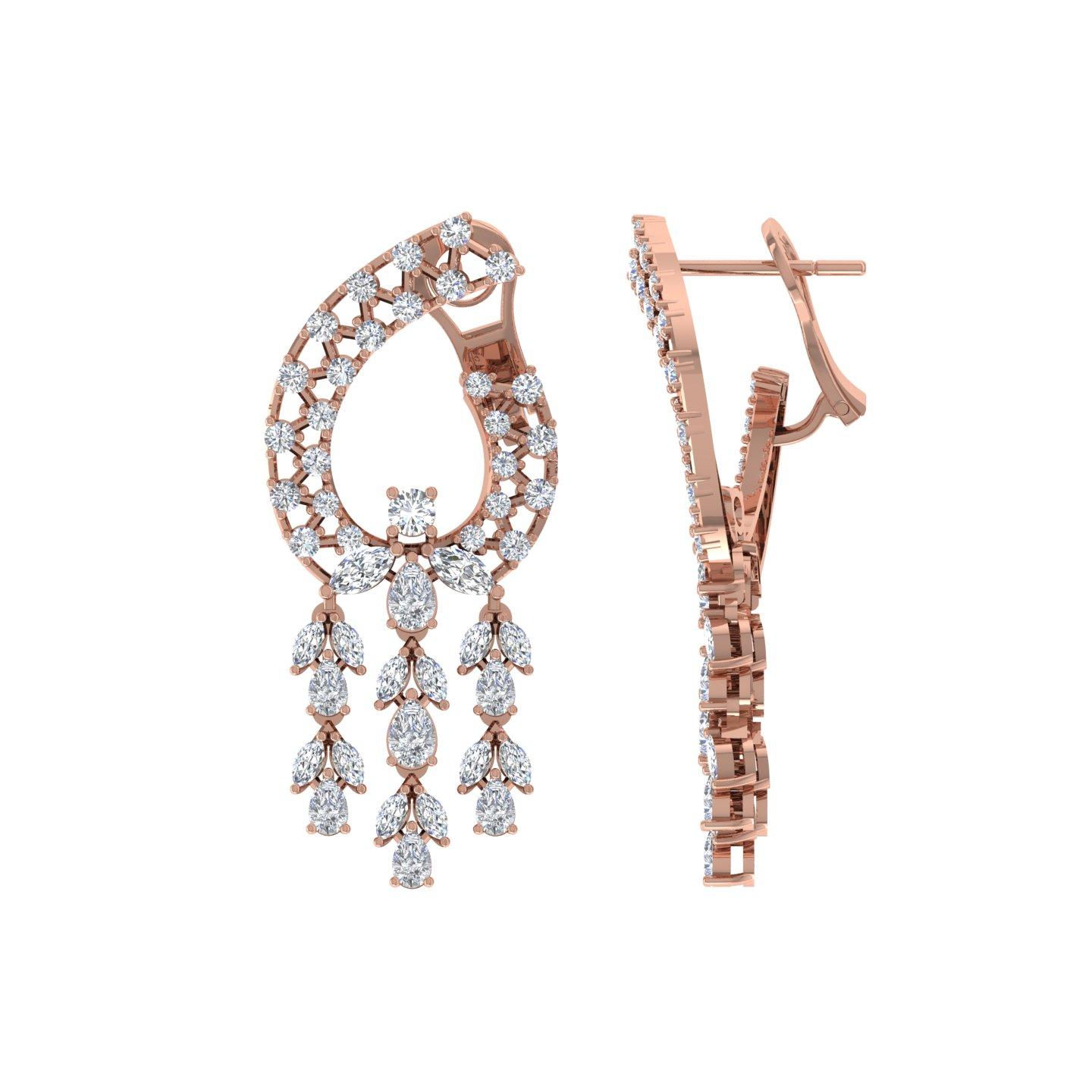 Taille Marquise Boucles d'oreilles chandelier en or rose 18 carats avec diamants ronds marquises de 5 carats SI/H en vente