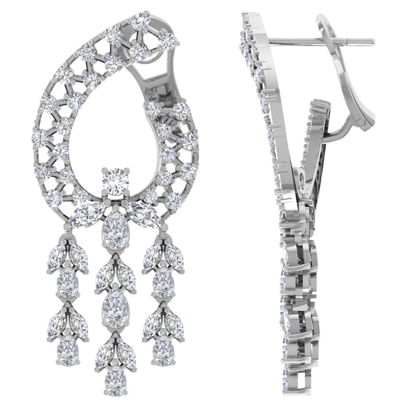 Boucles d
oreilles chandelier en or blanc 18 carats avec diamants ronds marquises de 5 carats SI/H