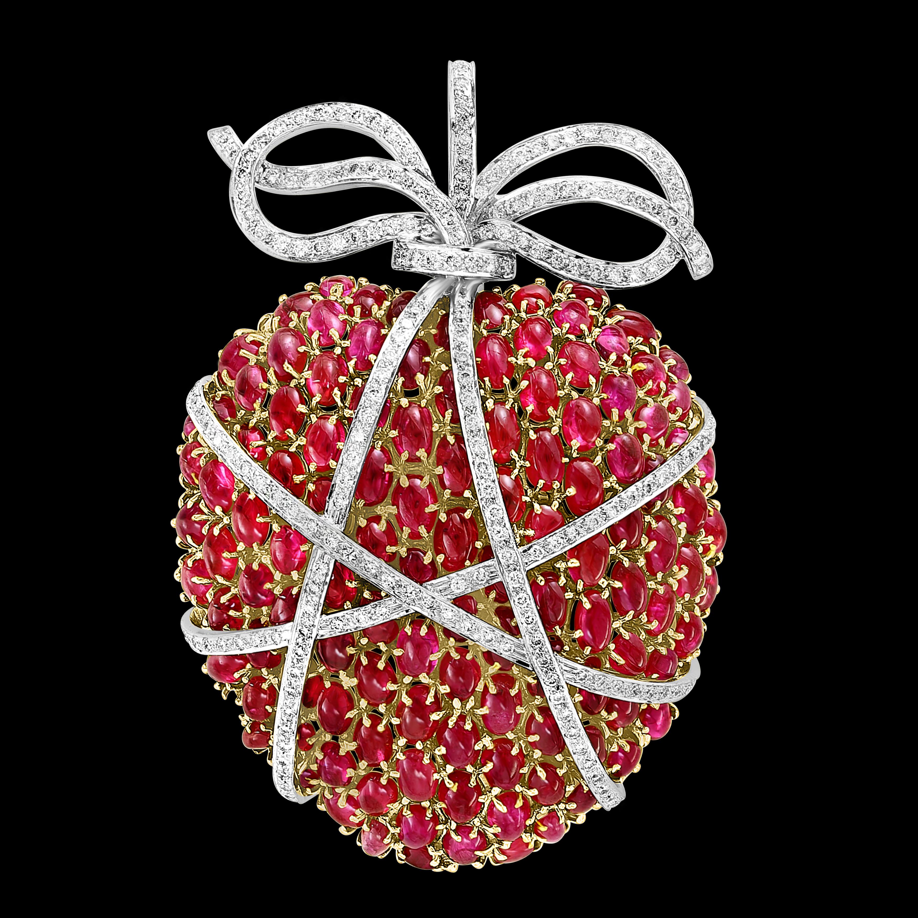GIA Certified Natural 50 Ct Ceylon NH Ruby & 8 Ct Diamond  Apple 18 K Pin/Brooch For Sale 4