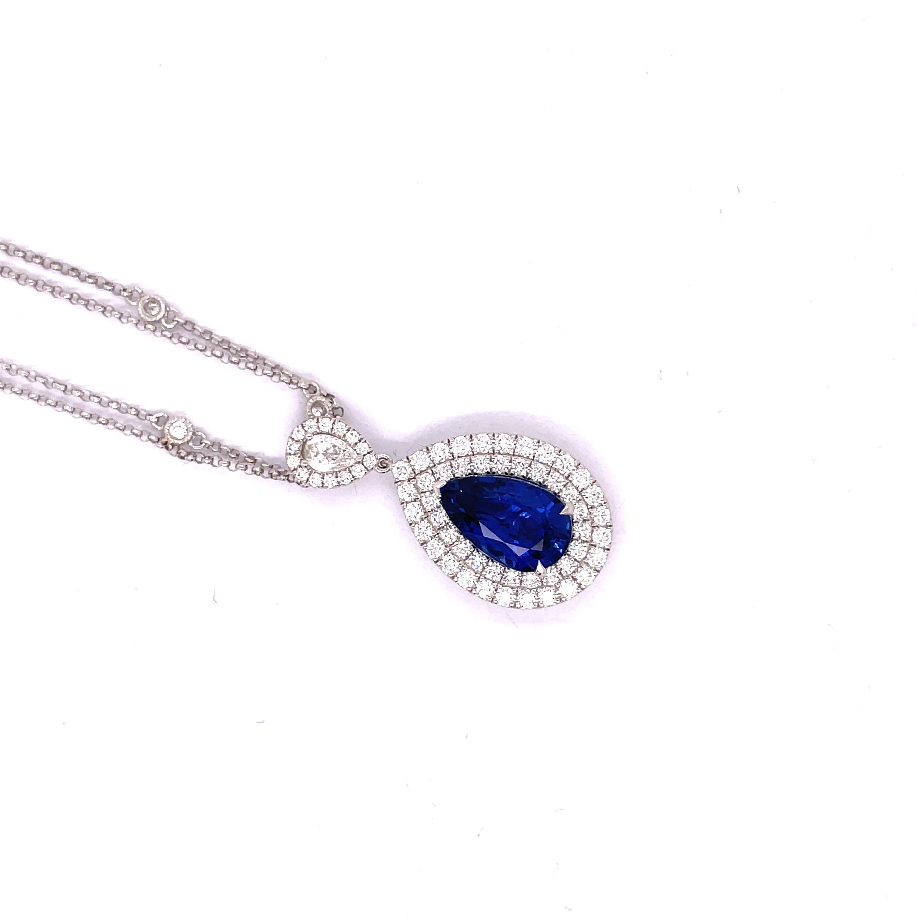 Natural 5.07 Carat Sapphire Pear Shape Double Halo Necklace  In New Condition For Sale In LA, CA
