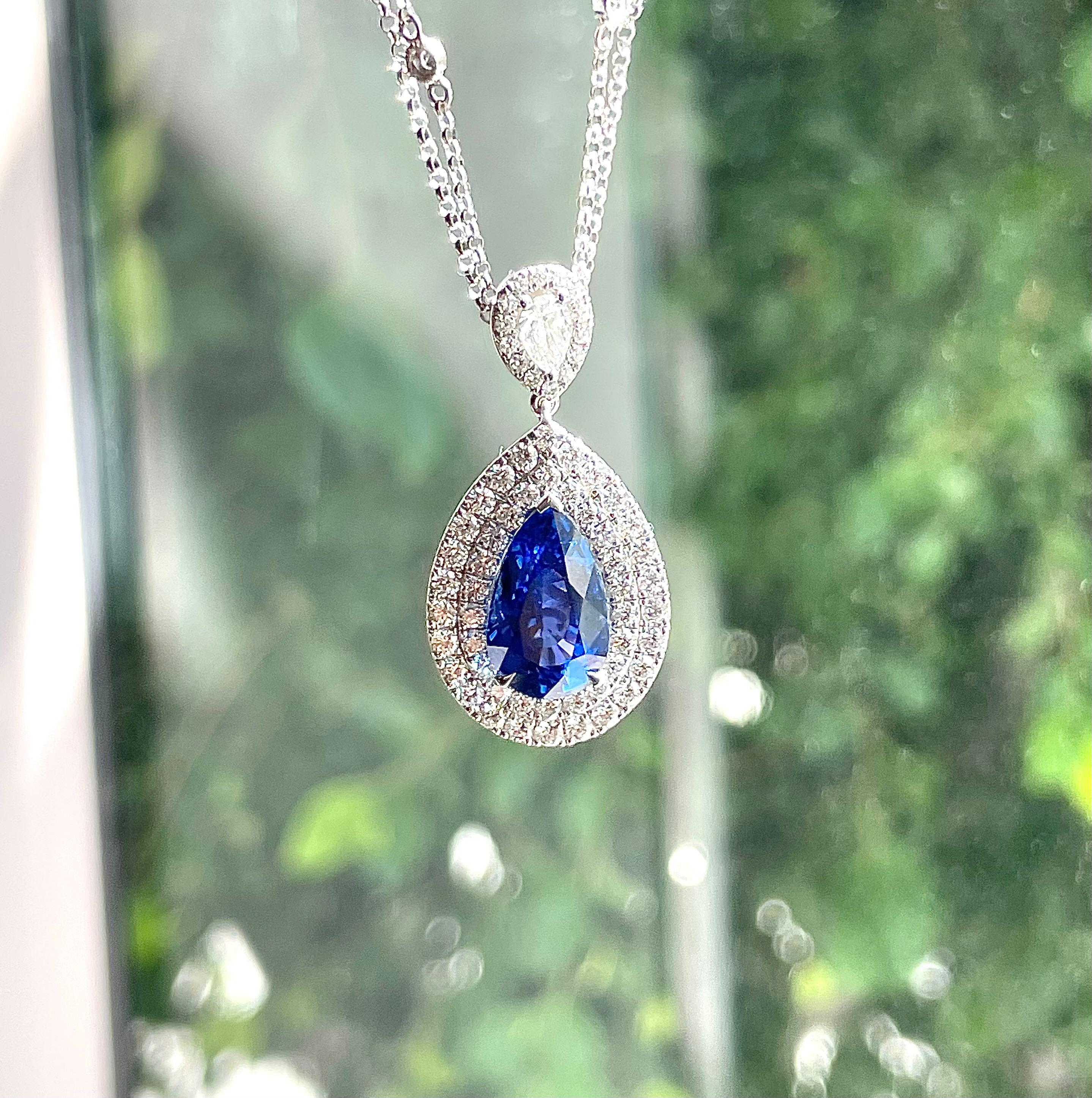 Women's Natural 5.07 Carat Sapphire Pear Shape Double Halo Necklace  For Sale