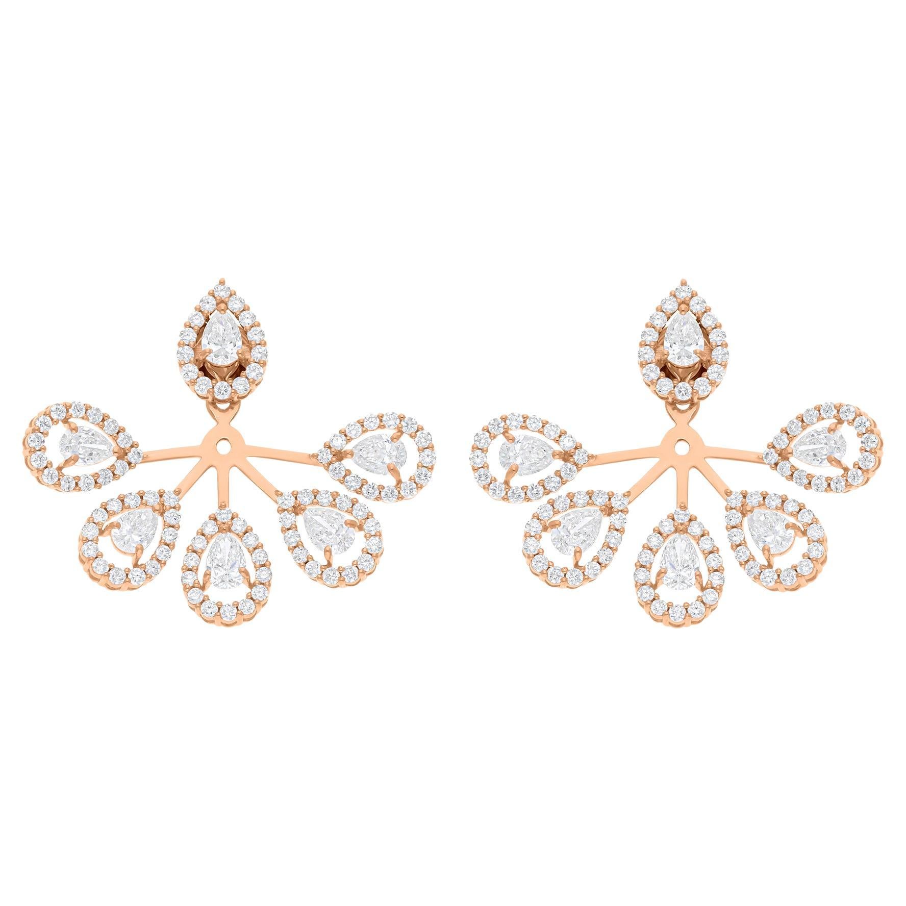 Boucles d'oreilles en or rose 14 carats avec diamants ronds taille poire de 5,10 carats SI/H