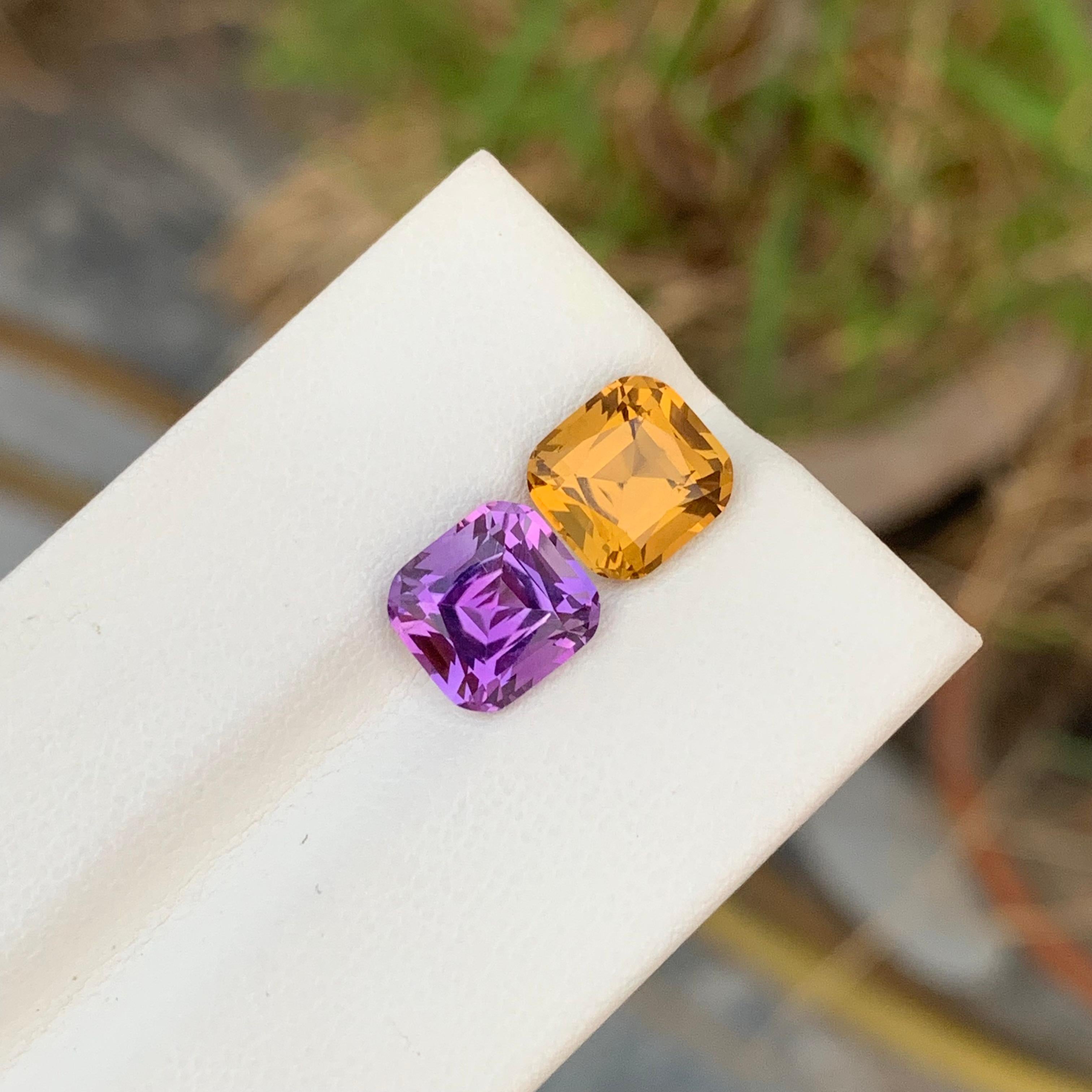 Umgekehrte Paare
Stein: Amethyst & Citrin
Gewicht: 5.10 Karat 
Abmessungen Amethyst: 8.1x8.6x6.2 Mm
Abmessungen Citrin: 8x8.5x5.8 mm
Herkunft: Brasilien
Die Form: Kissen
Farbe: Gelb & Lila 
Behandlung: Nicht
Sowohl der Amethyst als auch der Citrin