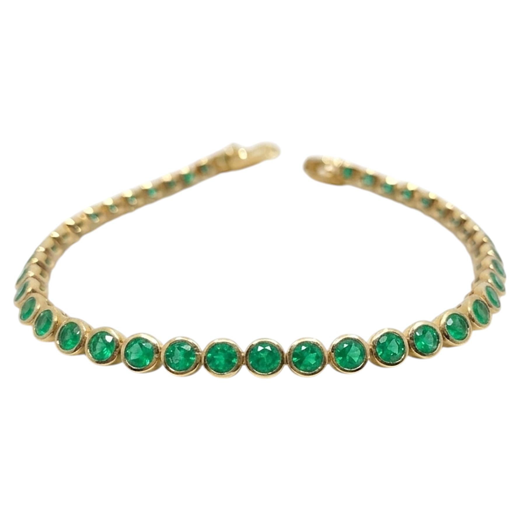 Pulsera tipo tenis unisex con esmeraldas naturales de Zambia de 5,20 quilates, con bisel, en oro amarillo de 14 quilates