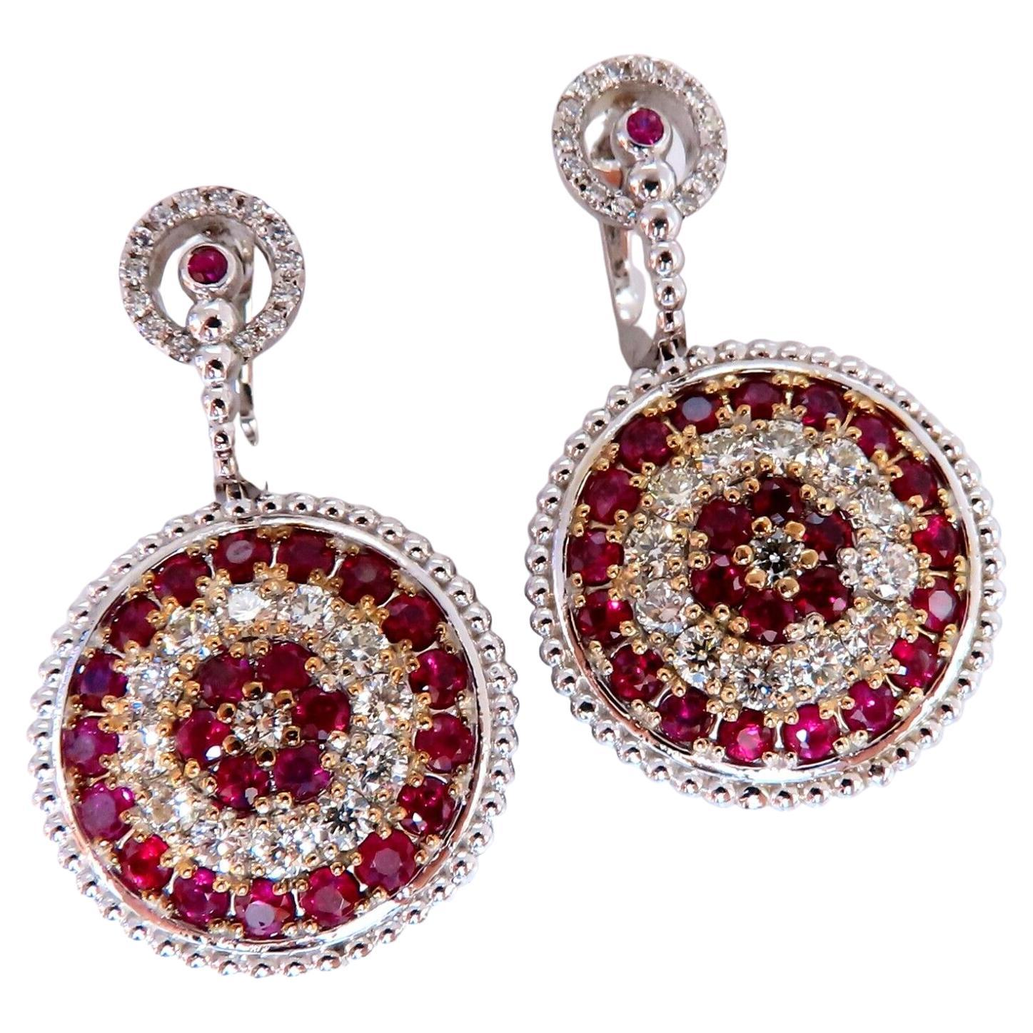 Natural 5.20 Carat Ruby Diamonds Dangle Earrings 14 Karat Bullseye Statment For Sale
