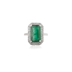 Natural 5.24 Ct Zambian Emerald & Diamond Halo Ring in 18K Solid White Gold