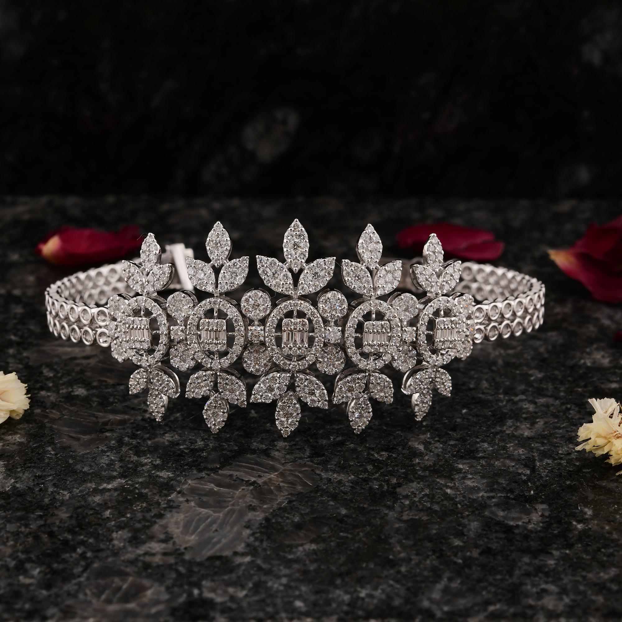 Modern Natural 5.25 Carat SI/H Baguette Diamond Flower Bracelet 14 Karat White Gold For Sale