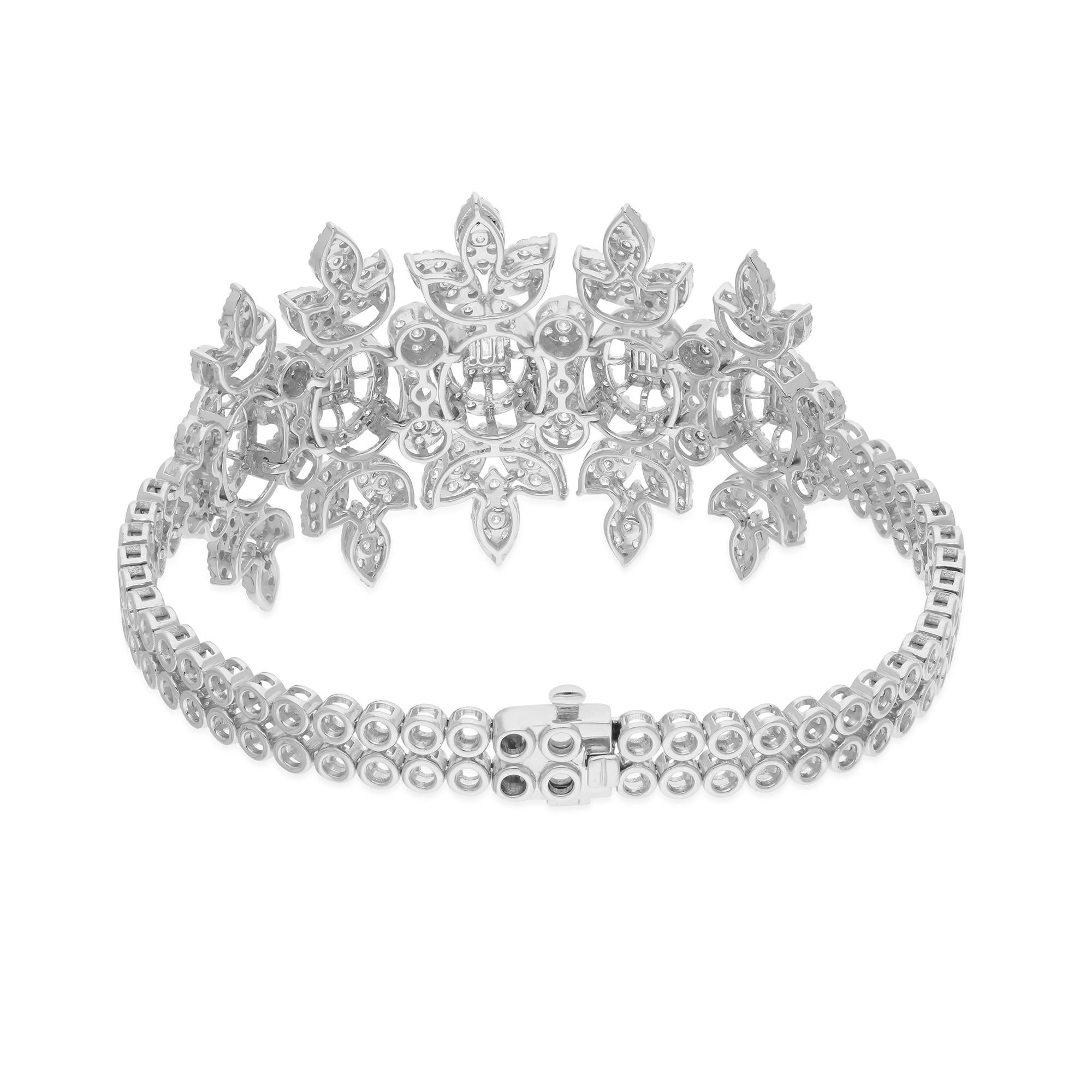 Baguette Cut Natural 5.25 Carat SI/H Baguette Diamond Flower Bracelet 14 Karat White Gold For Sale