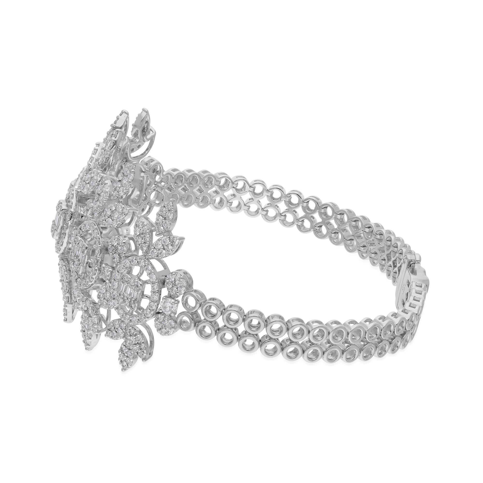 Baguette Cut Natural 5.25 Carat SI/H Baguette Diamond Flower Bracelet 18 Karat White Gold For Sale