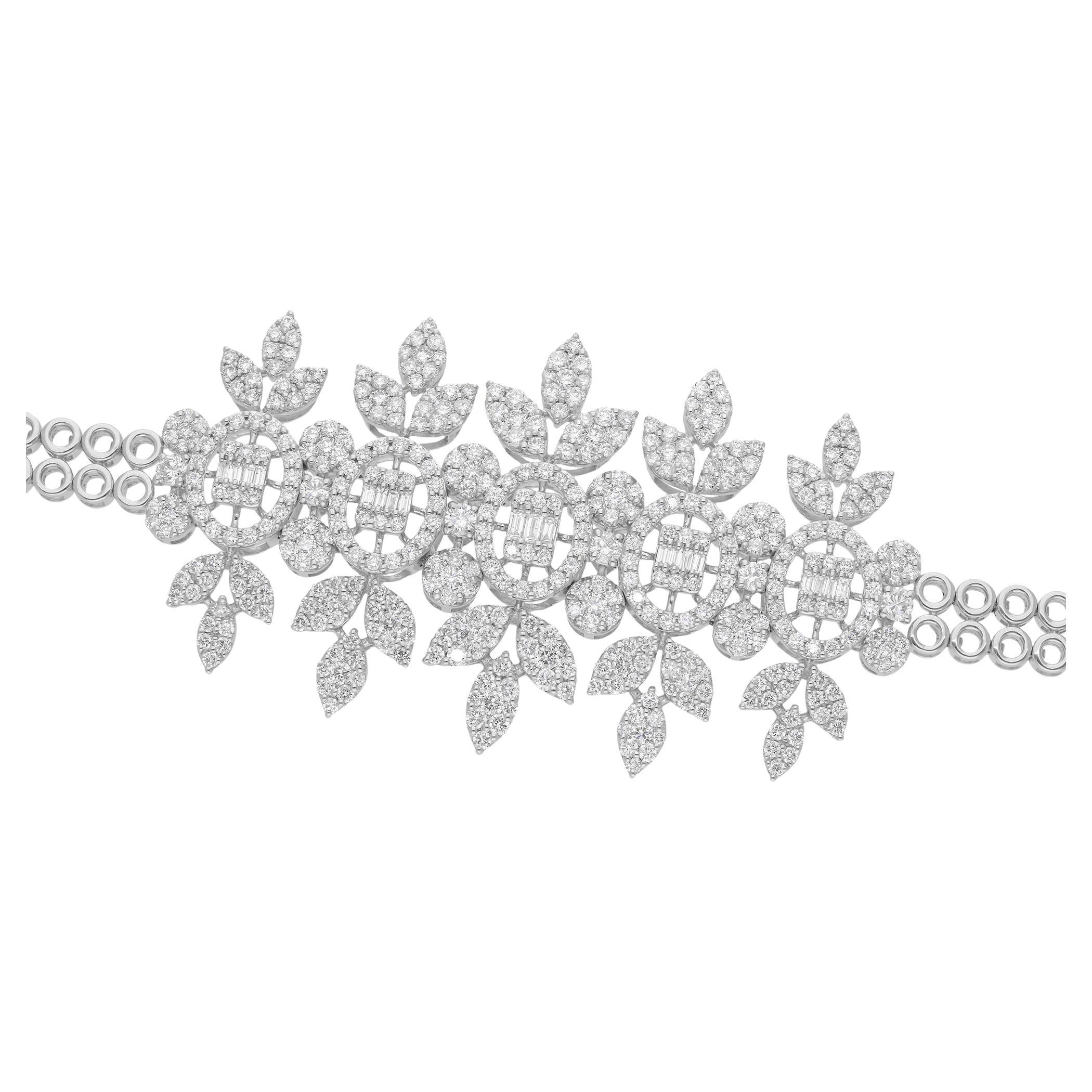 Natural 5.25 Carat SI/H Baguette Diamond Flower Bracelet 18 Karat White Gold For Sale