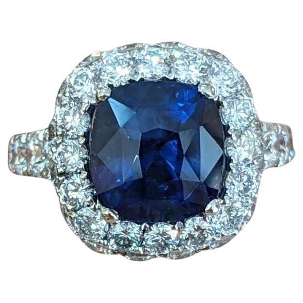 Natural 5.27ct Blue Cushion Sapphire and Diamond Ring, 18k White Gold