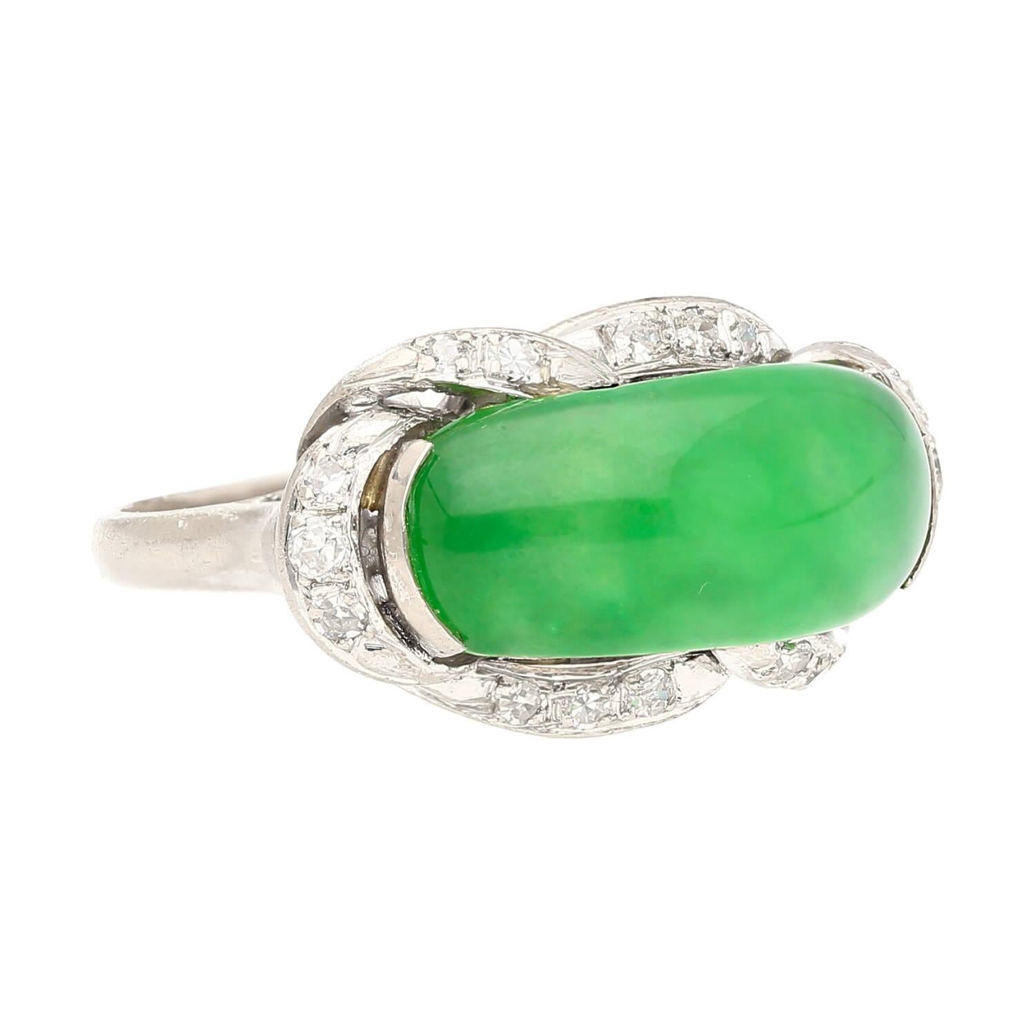 Art Nouveau Natural 5.29 Carat Jade & Diamond in Ornate 18K White Gold Ring For Sale
