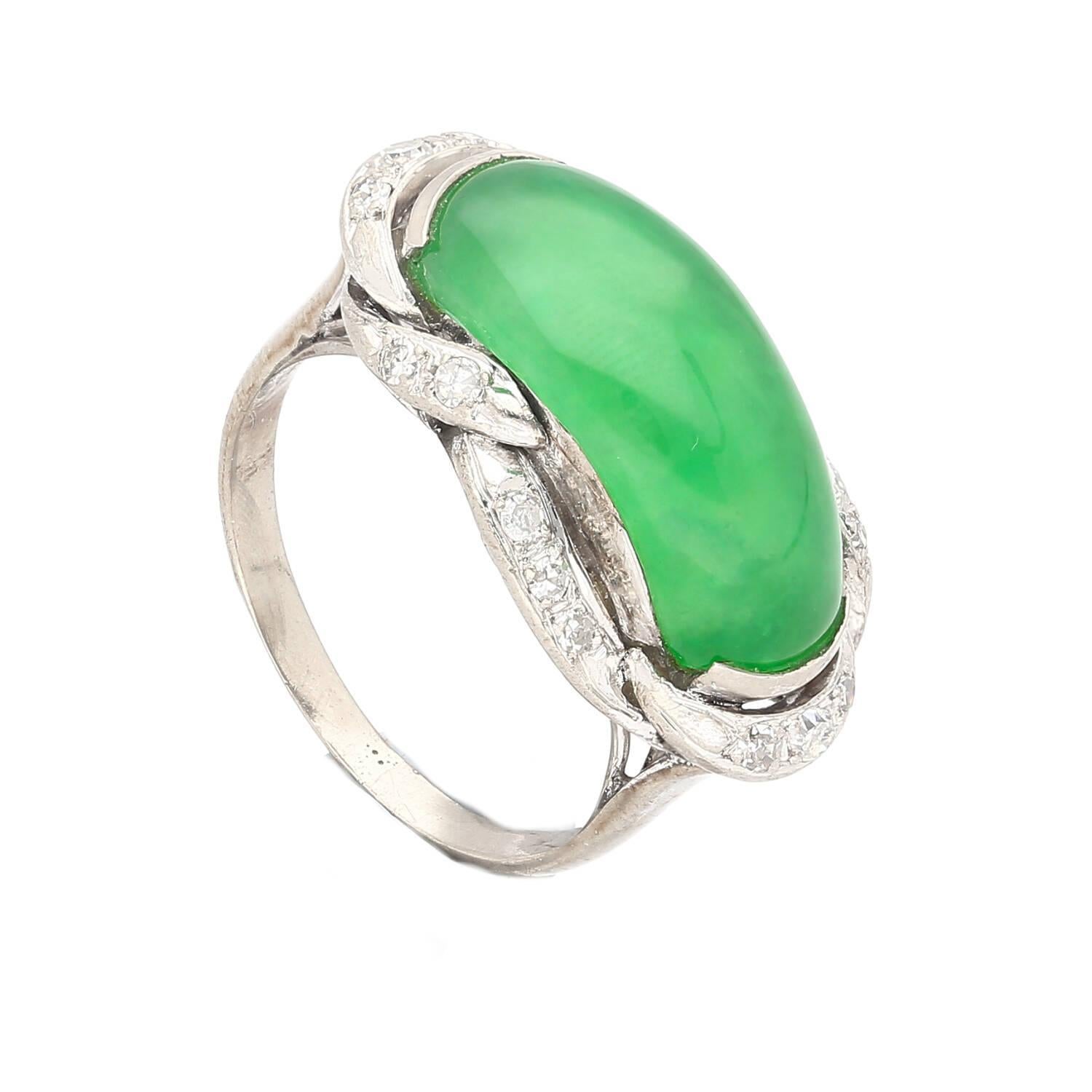 Round Cut Natural 5.29 Carat Jade & Diamond in Ornate 18K White Gold Ring For Sale