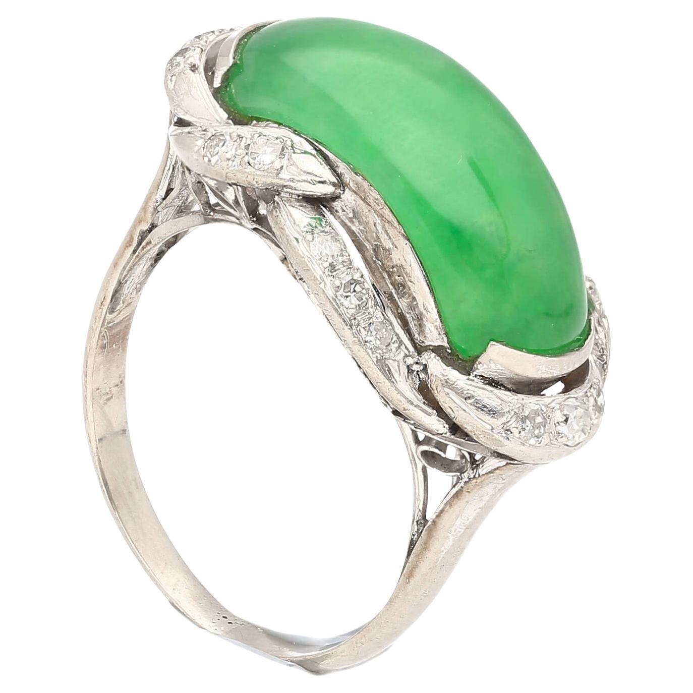 Natural 5.29 Carat Jade & Diamond in Ornate 18K White Gold Ring For Sale