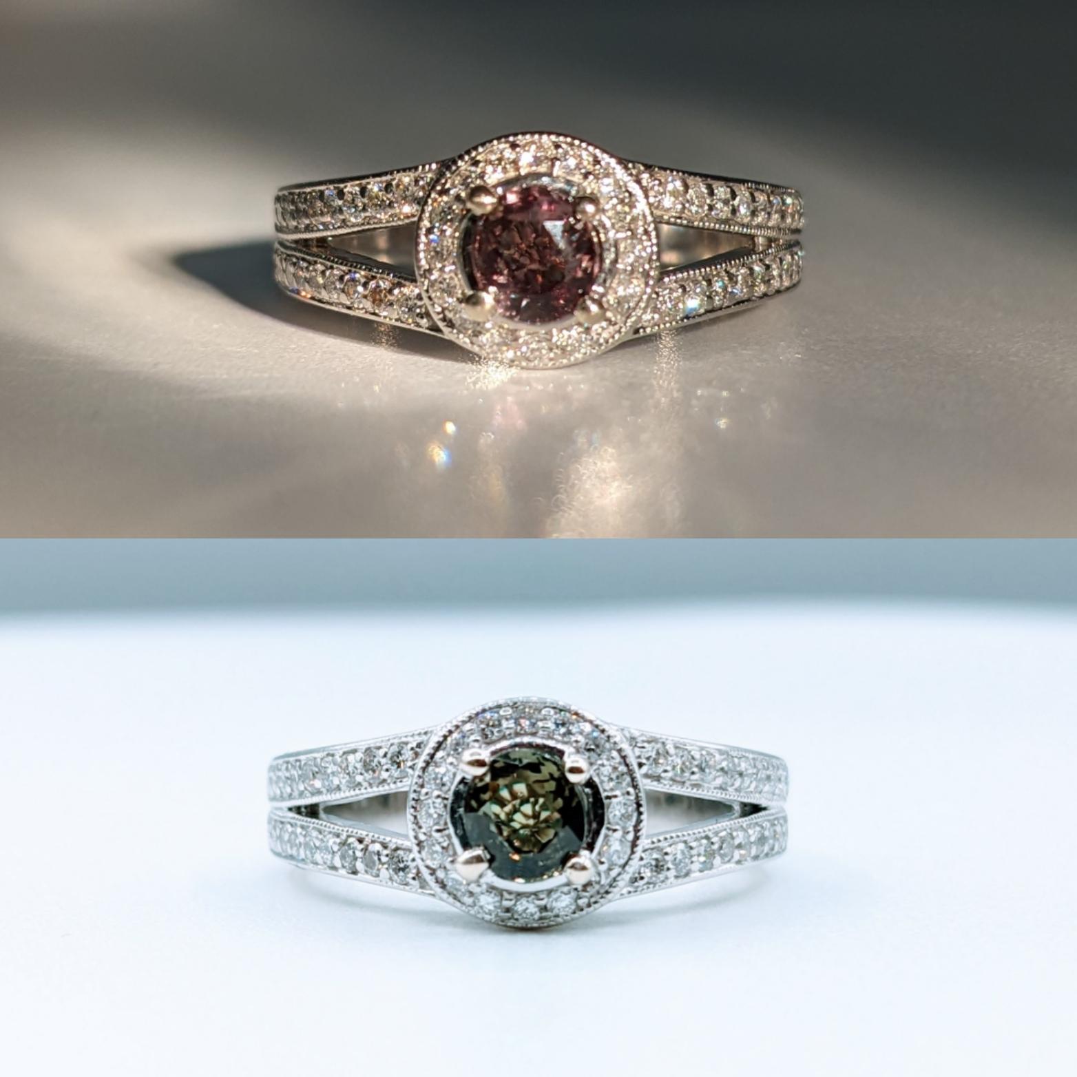 Natural .52ct Alexandrite & Diamond Halo Ring

Expertly crafted in 14kt White Gold, this beautiful ring is adorned with .44 carat total weight Diamonds that are of G color and SI1 clarity, imparting a brilliant sparkle to the piece. Adding to its