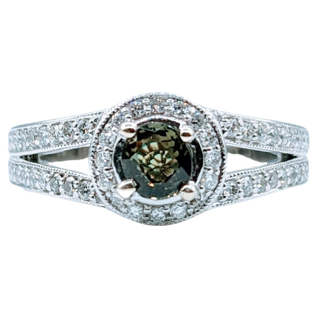 Natural .52ct Alexandrite & Diamond Halo Ring For Sale
