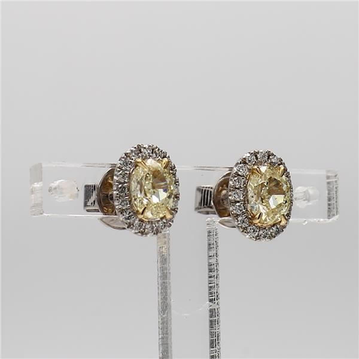 Natural .53 Carat Yellow Oval and White Diamond Gold Stud Earrings For Sale 1