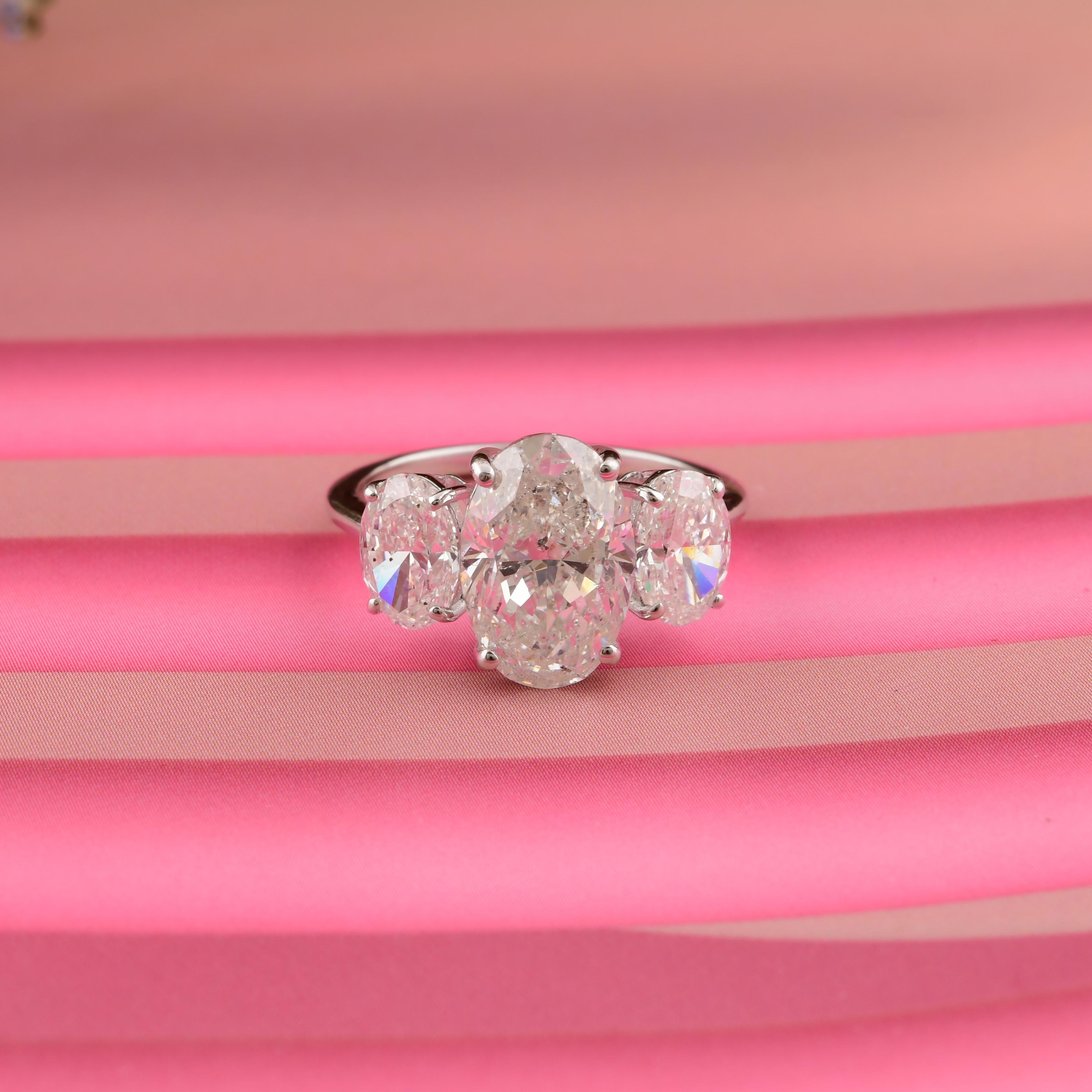 Oval Cut Natural 5.33 Carat Three Oval Shape Diamond Ring 18 Karat White Gold Jewelry For Sale