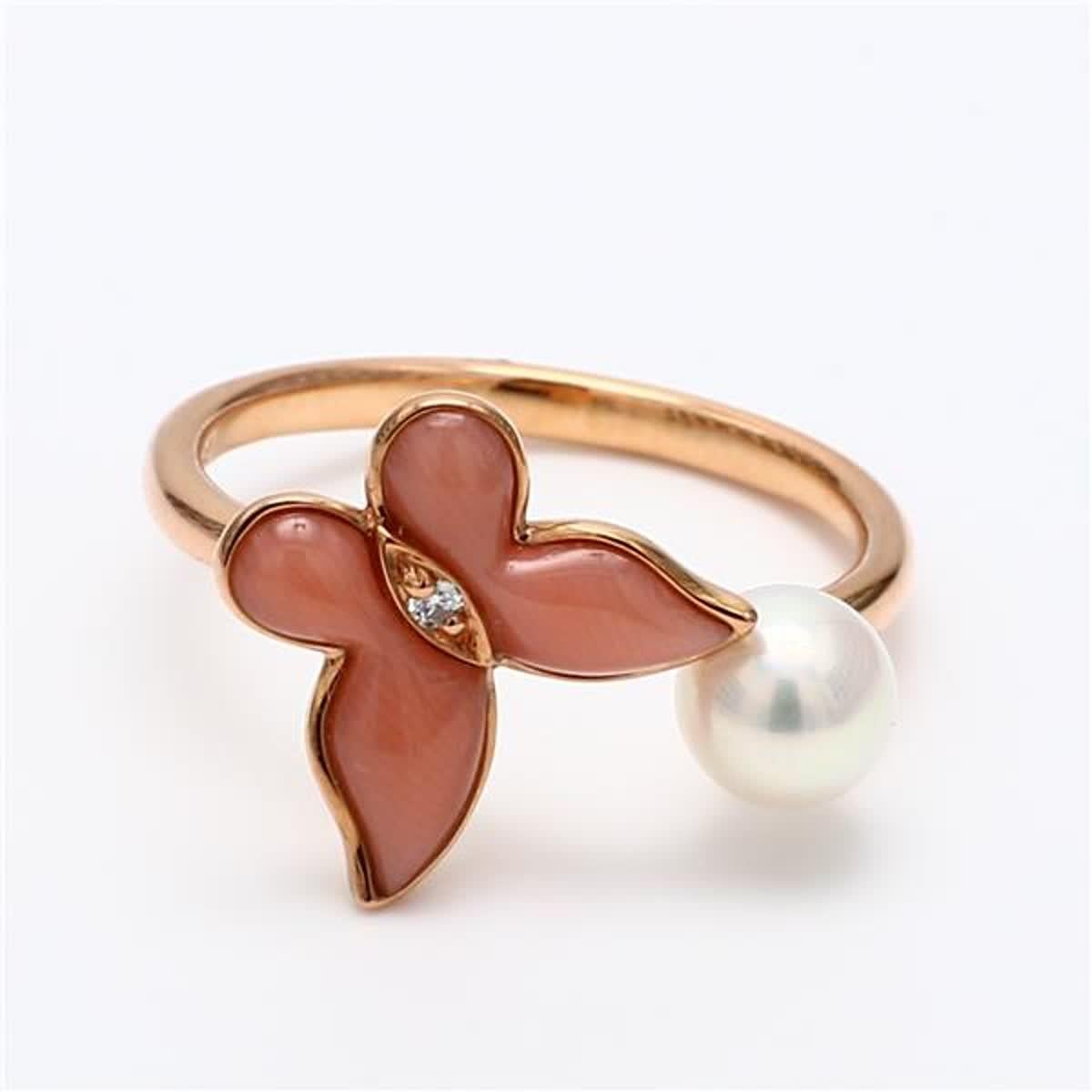 RareGemWorld's classic fashion ring. Mounted in a beautiful 18K Rose Gold setting with a natural white pearl, pink corralium secundum, and a natural round white diamond. This ring is guaranteed to impress and enhance your personal collection!

Total